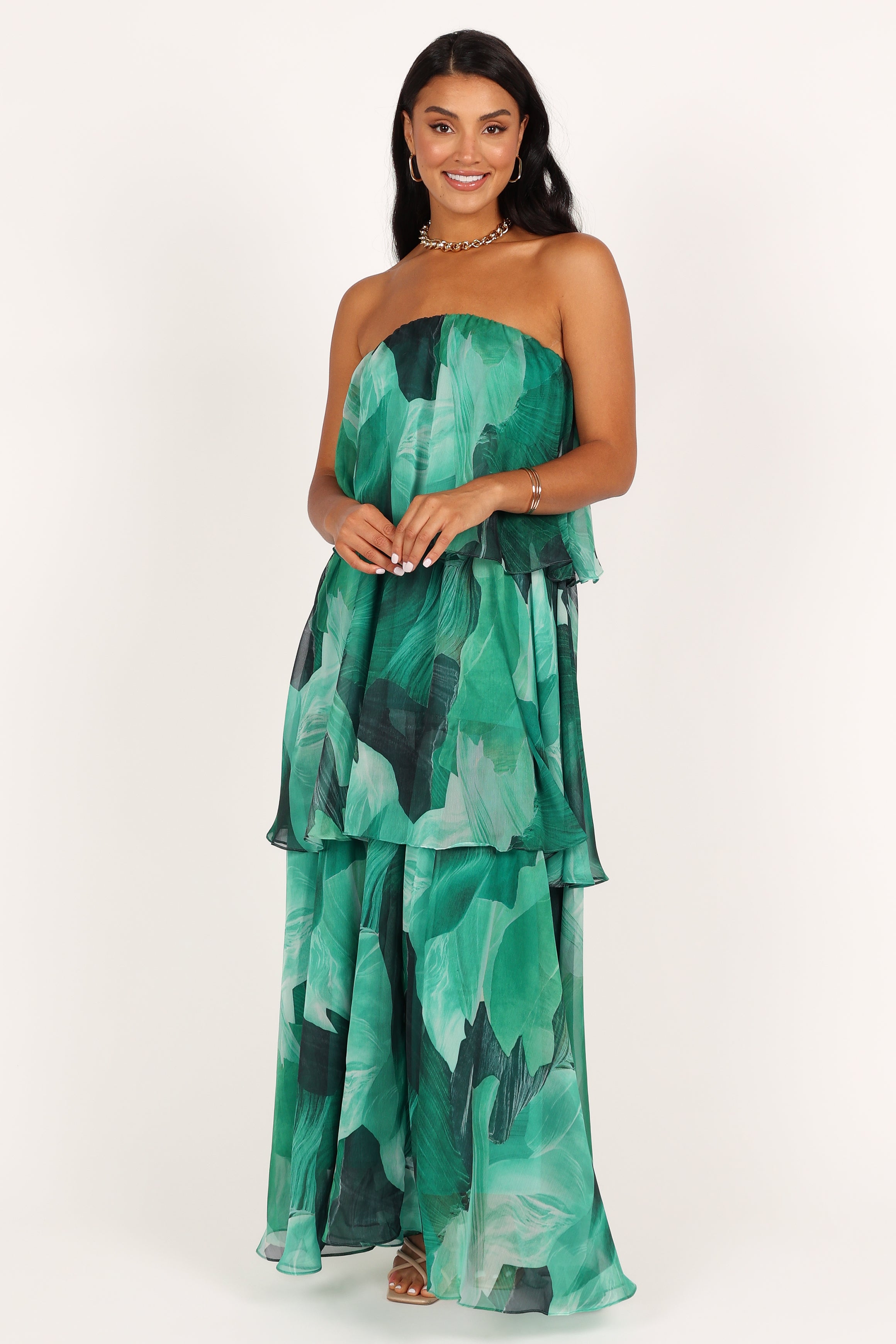 Strapless Maxi Dress for Women - Green Floral Print Summer Beach Dress, Elegant Party Gown, Boho Wedding Guest Outfit