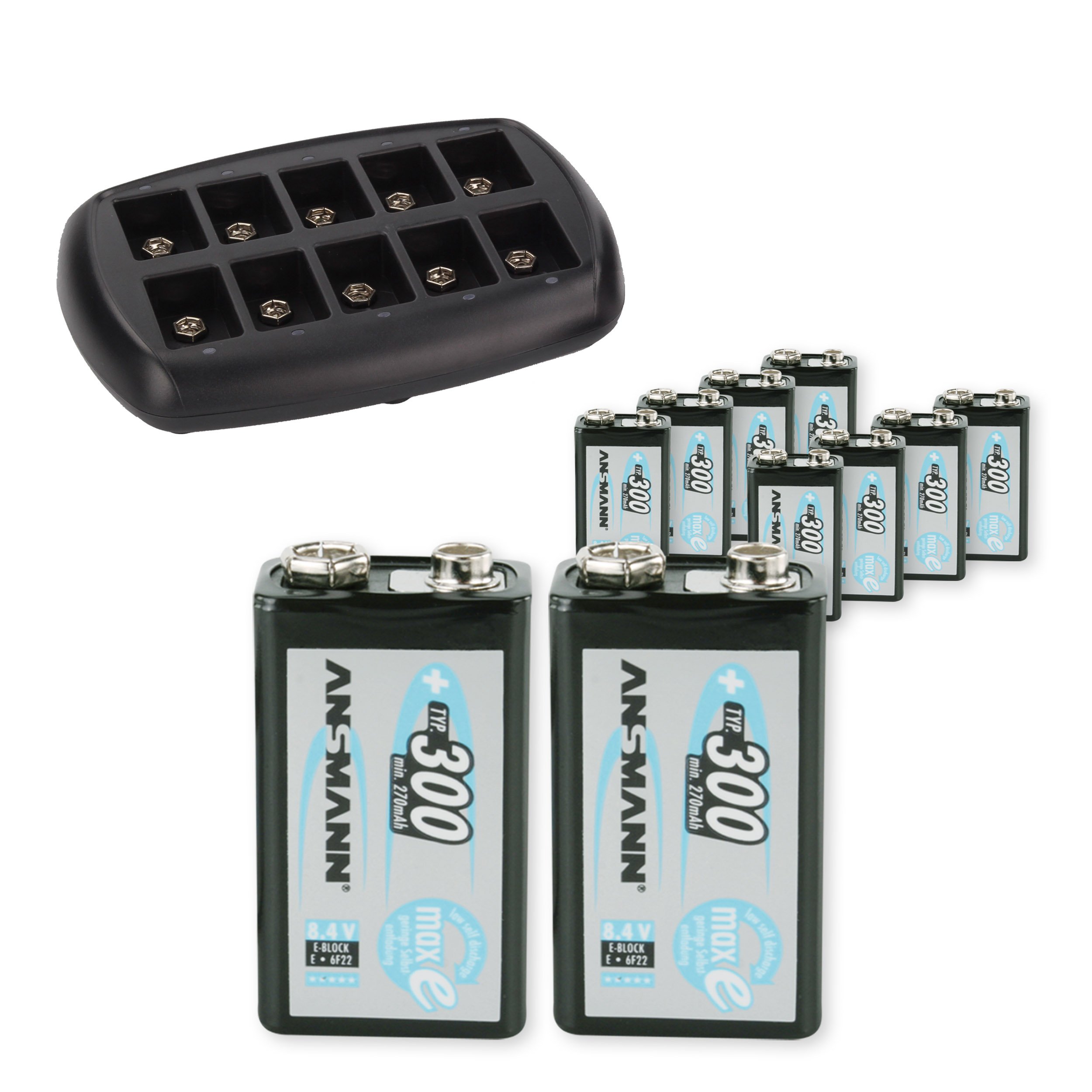 Ansmann 10-Bay Smart Charger for 9V NiMH Batteries with Low Self-Discharge - Fast Charging 9 Volt Battery Charger (10-Pack) - Perfect for Smoke Detectors, Guitar Pedals & Wireless Microphones