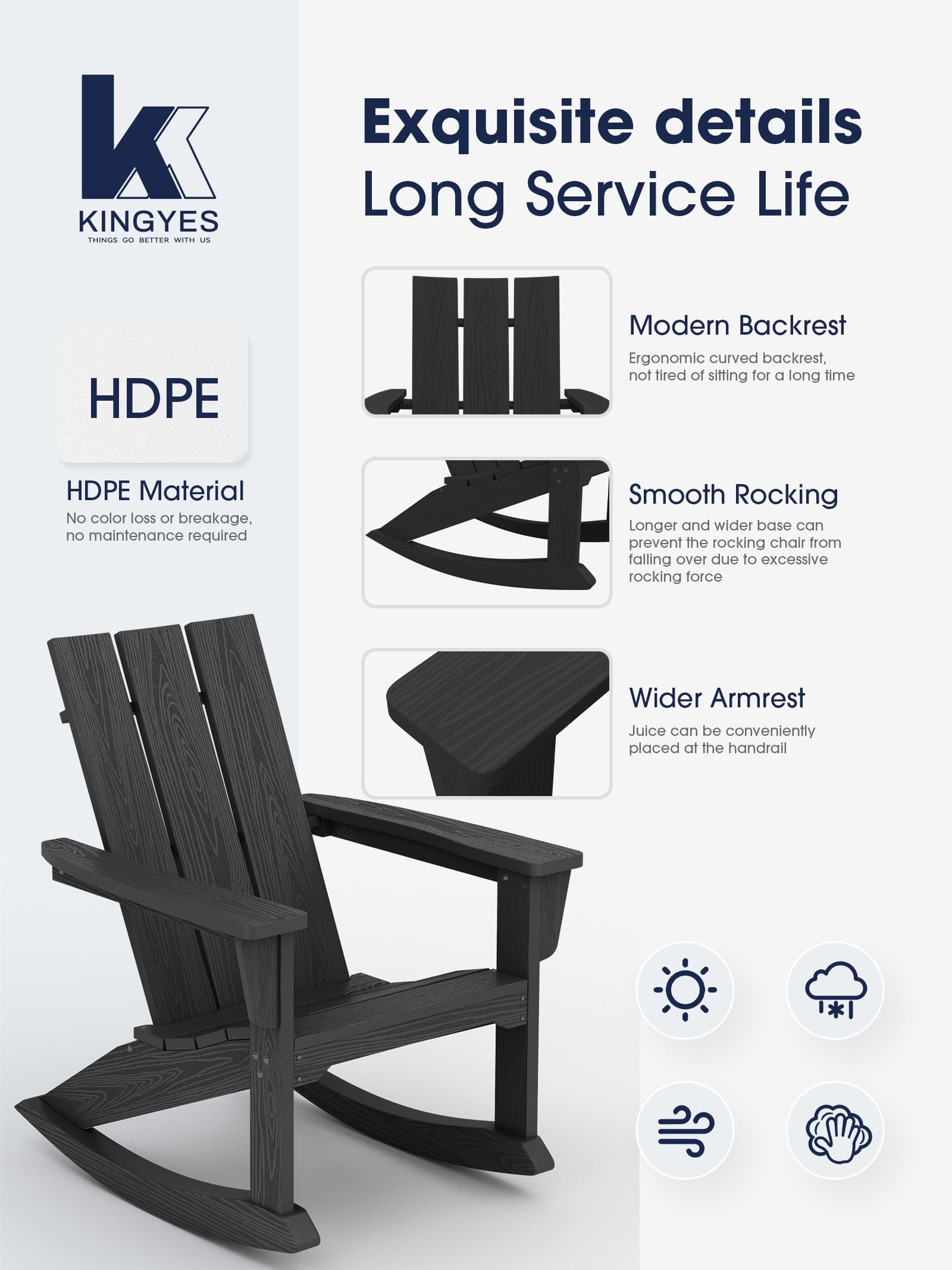 KINGYES Outdoor Rocking Chairs Set of 2 - Modern All-Weather Adirondack Rockers for Porch, Backyard & Garden - Durable Patio Furniture for Relaxing Outdoors (Black) | Perfect for Lounging, Sunbathing & Entertaining Guests