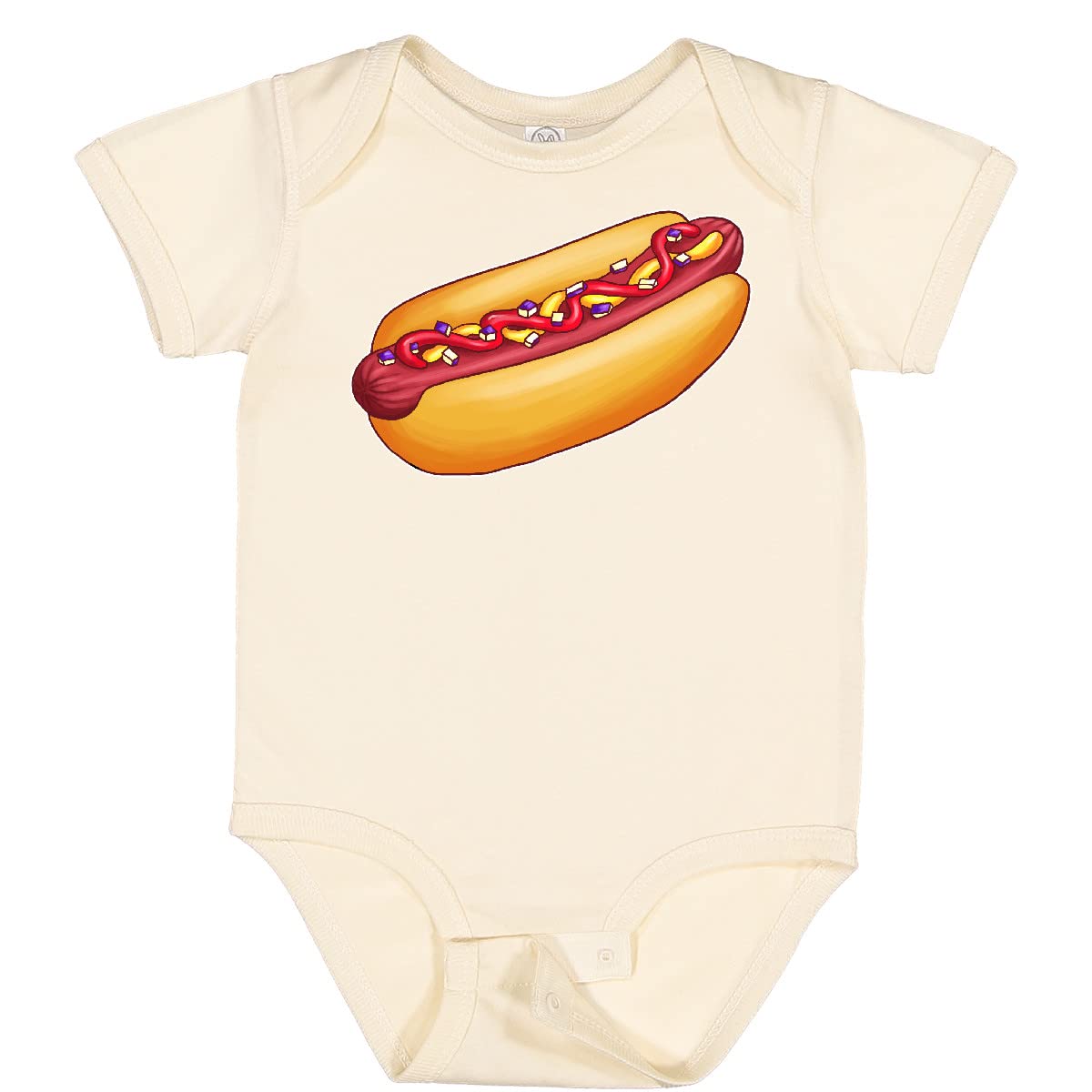 Inktastic Hot Dog Print Baby Bodysuit - Cute Mustard, Onions & Ketchup Design - Soft Cotton Infant Onesie for Playdates, Family BBQ & Funny Photo Shoots