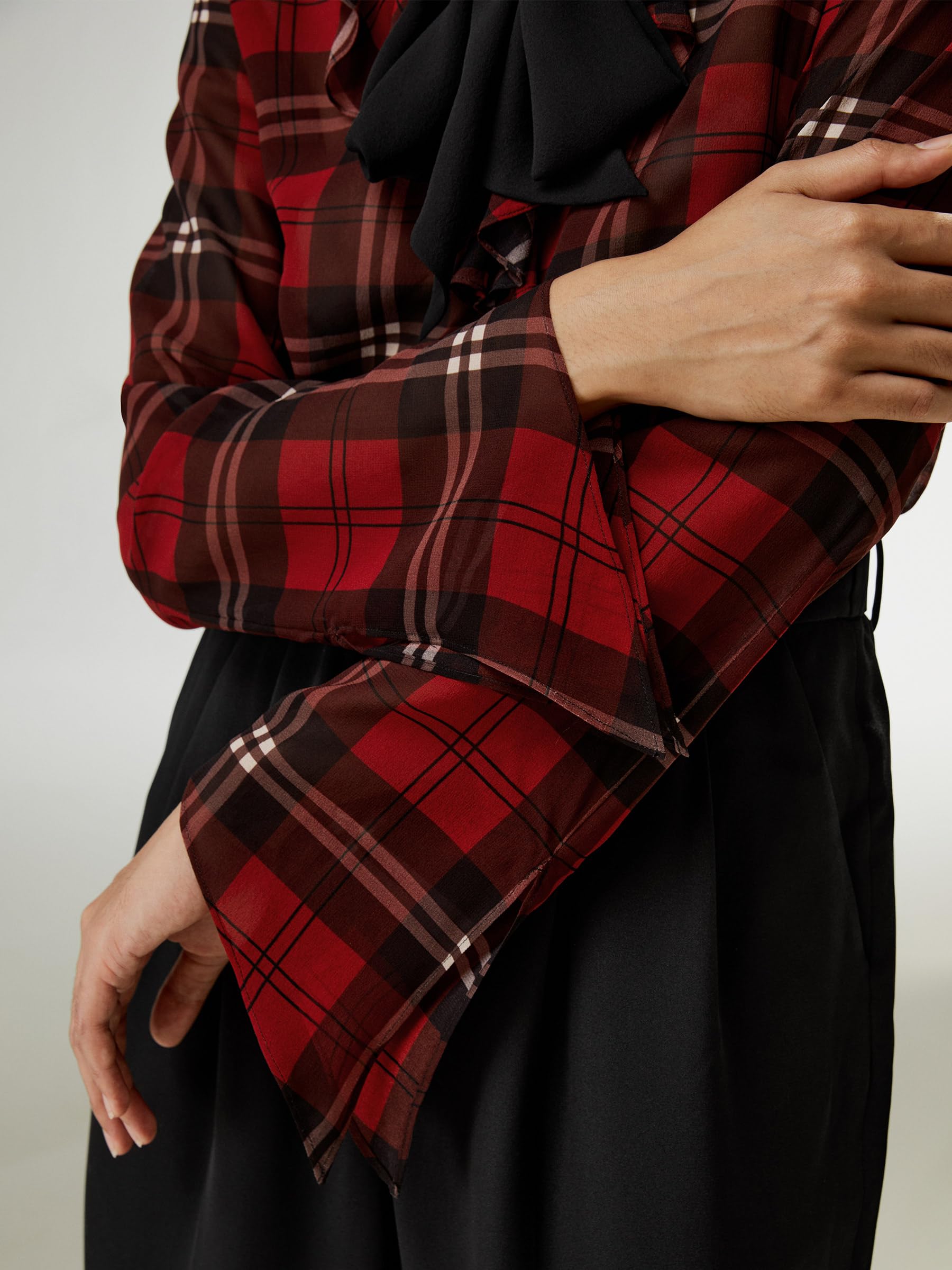 LilySilk Women's Pure Silk Blouse - 14MM Ruffle Neckline & Side Slit Cuffs - Black Red Checkered Pattern Top for Work, Party & Special Occasions