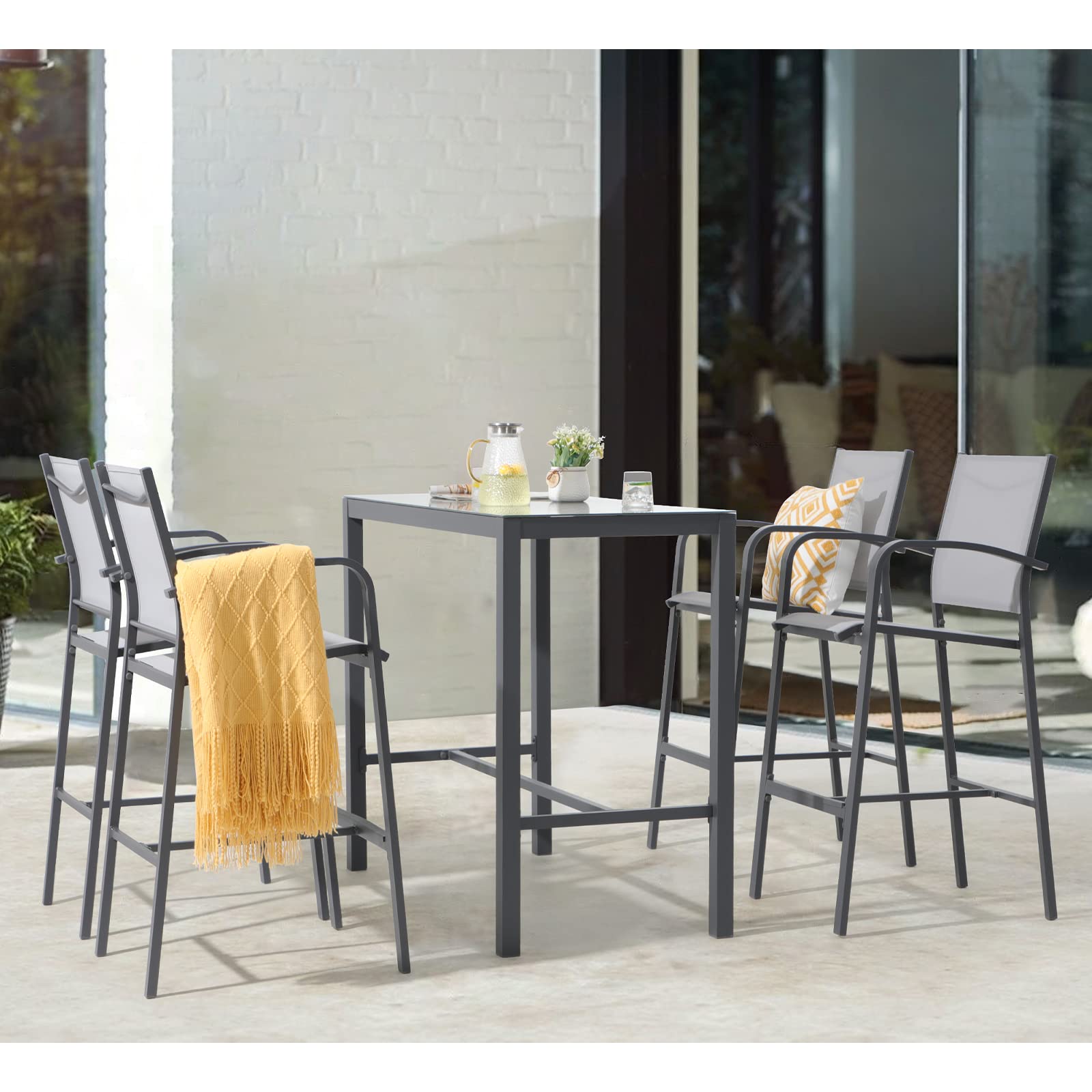 OC Orange-Casual 5-Piece Patio Bar Set - All-Weather Aluminum & Textile Fabric Outdoor High-Top Dining Table with 4 Metal Bar Stools & Glass Top Table - Dark Grey - Perfect for Porch, Garden, Backyard & Poolside Entertaining