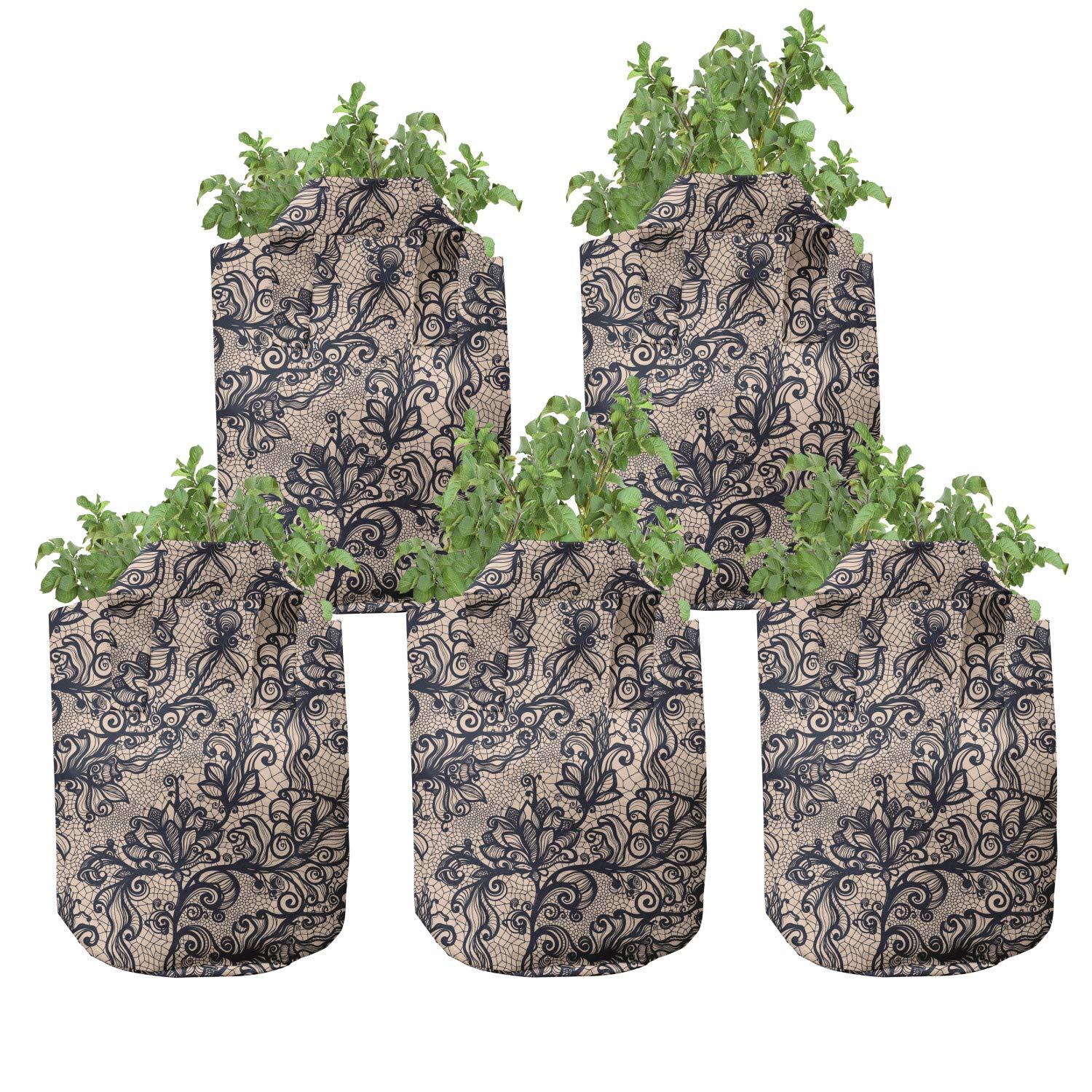 Ambesonne Gothic 5-Pack Grow Bags - Heavy Duty 5 Gallon Fabric Plant Pots with Handles, Nature Inspired Feminine Design in Blush Black - Perfect for Indoor/Outdoor Gardening, Vertical Planting & Home Decor