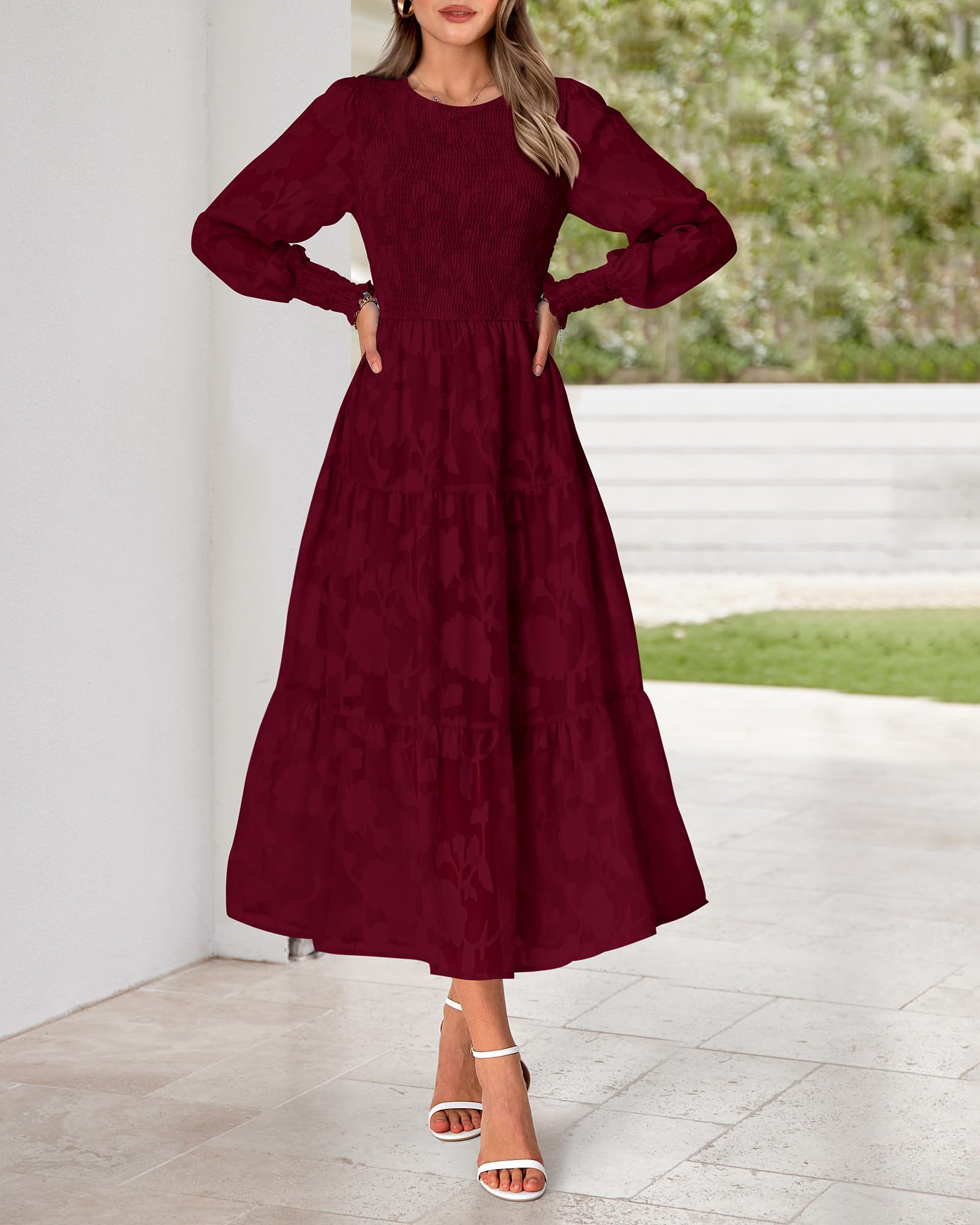 BTFBM Women's Elegant Floral Midi Dress - Long Sleeve Bohemian Wedding Guest Dress for Spring 2025 | Perfect for Garden Parties, Bridal Showers & Formal Events