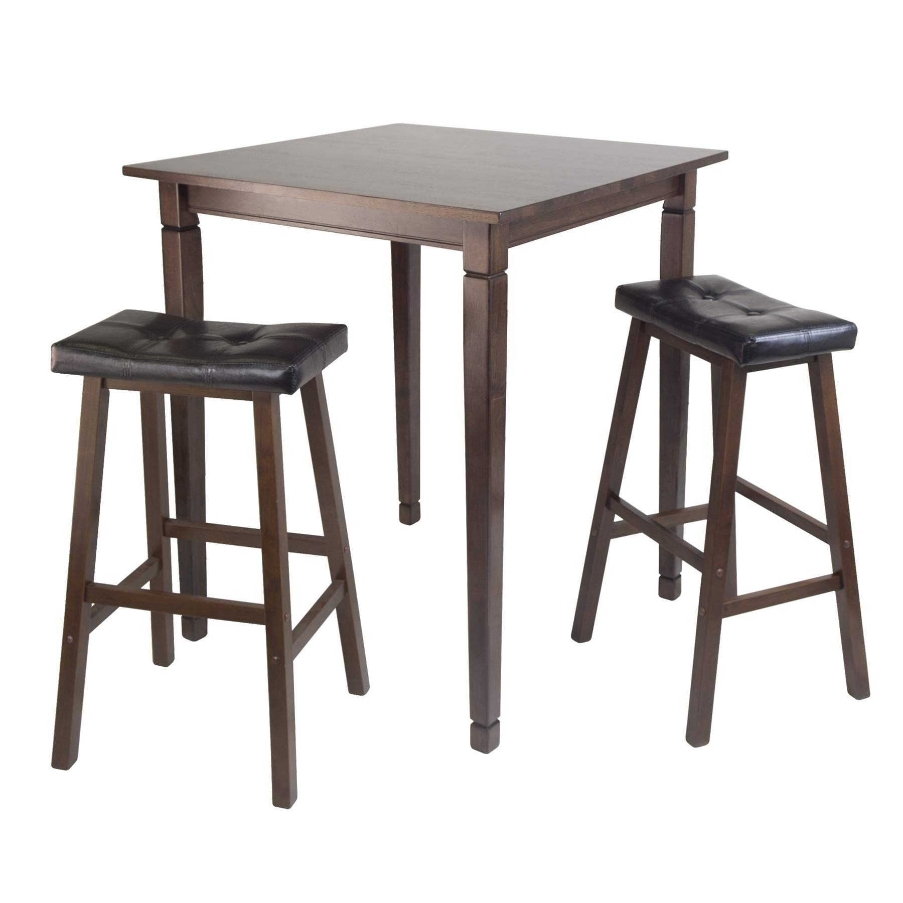 Set of 3 Antique Walnut Square High Dining Tables with Cushioned Saddle Stools 38.75