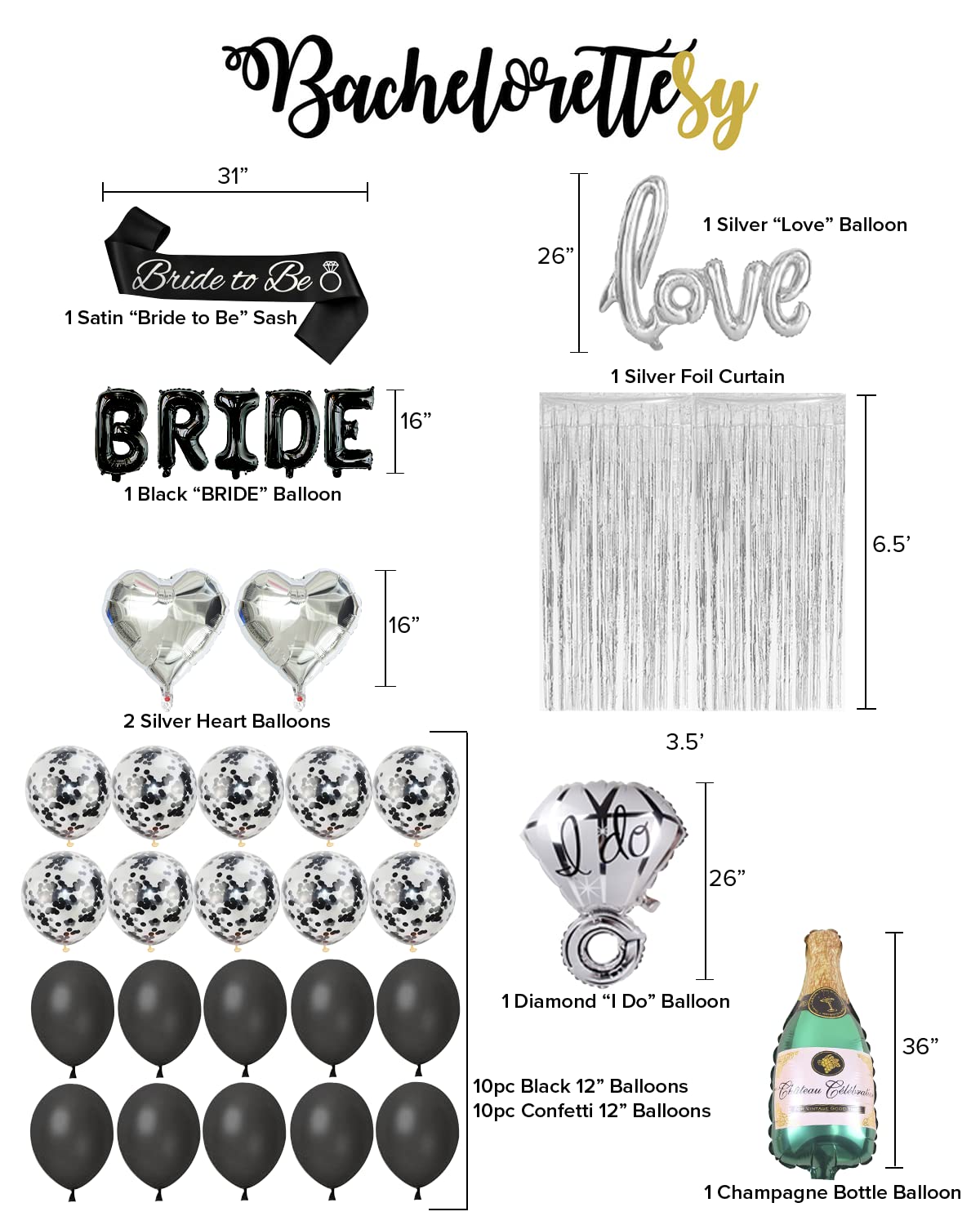 28-Piece Bachelorette Party Decorations Kit for Bride to Be - Bridal Shower & Engagement Party Supplies with Balloons, Sash, Foil Backdrop Curtain (Black) | Perfect for Wedding Showers, Girls' Night Out & Bachelorette Celebrations