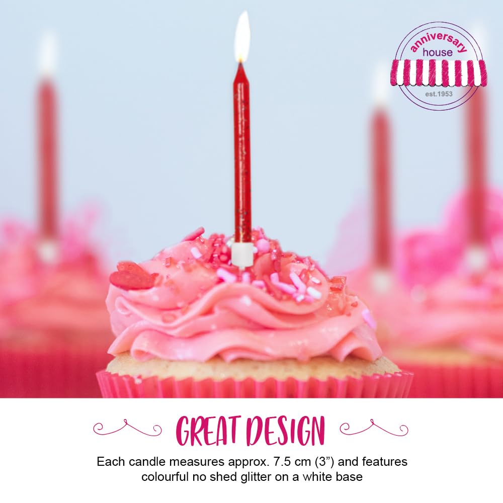 12 Pack Red Glitter Birthday Candles with Holders - 7.5cm Tall Cake Decorations for Birthday Parties, Weddings & Special Celebrations - AHC152