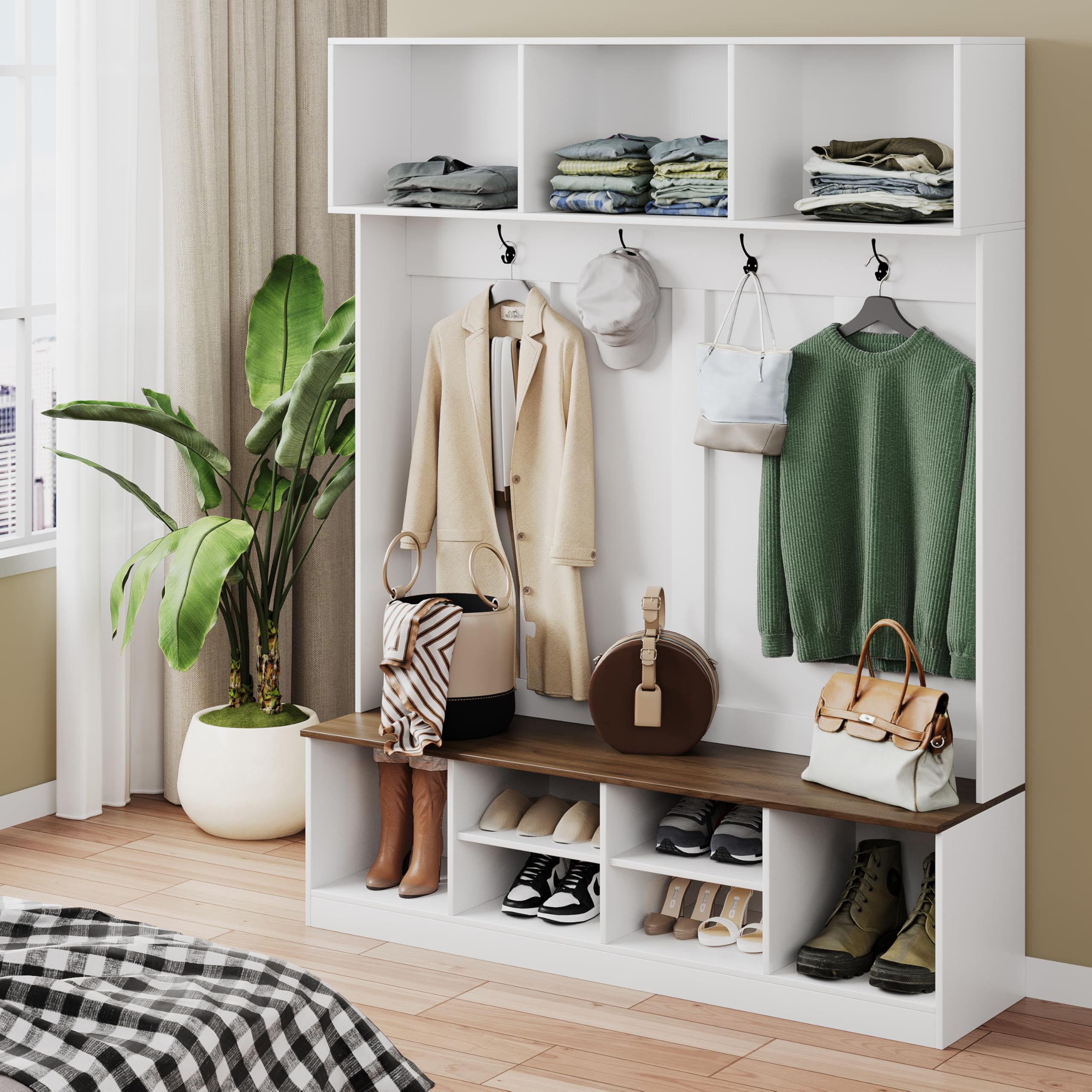 HAOBO Entryway Hall Tree with Bench & Shoe Storage - Adjustable Coat Rack, Open Shelves & Hanging Hooks - Perfect for Mudroom, Hallway & Home Organization - Space-Saving Entry Cabinet for Coats, Shoes & Accessories