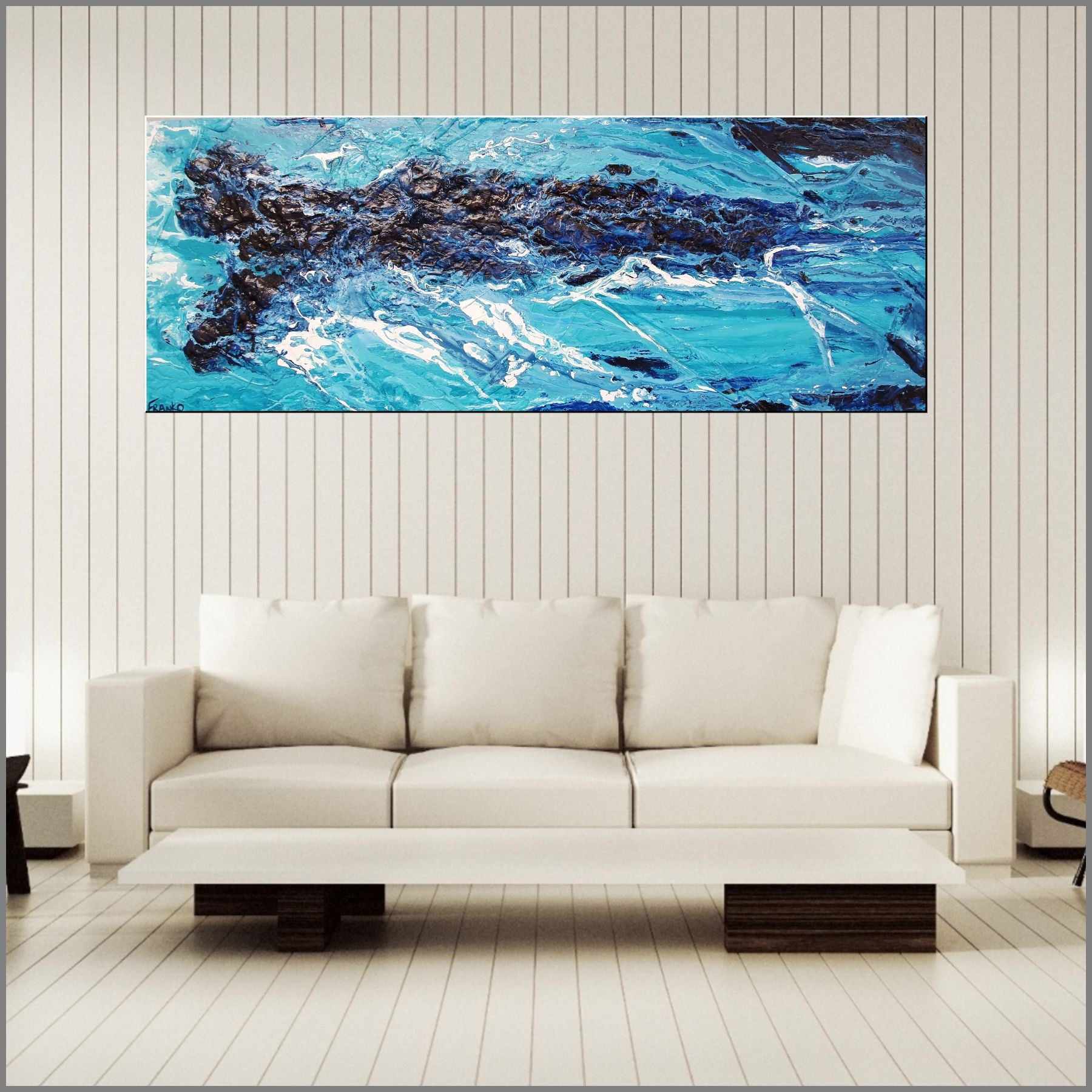 Blue Myth 2 - 160cm x 60cm Blue Textured Abstract Canvas Art Painting - Modern Wall Decor for Living Room, Bedroom & Office