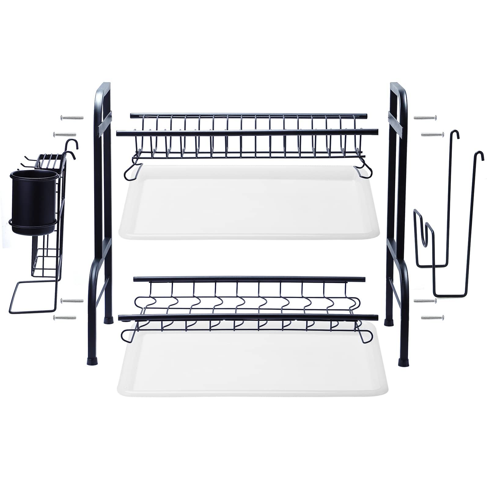 2 Tier Dish Drying Rack with Drainboard - Large Capacity Rust-Proof Kitchen Organizer with Cutting Board & Utensil Holders - Perfect for Countertop Storage & Small Space Kitchens