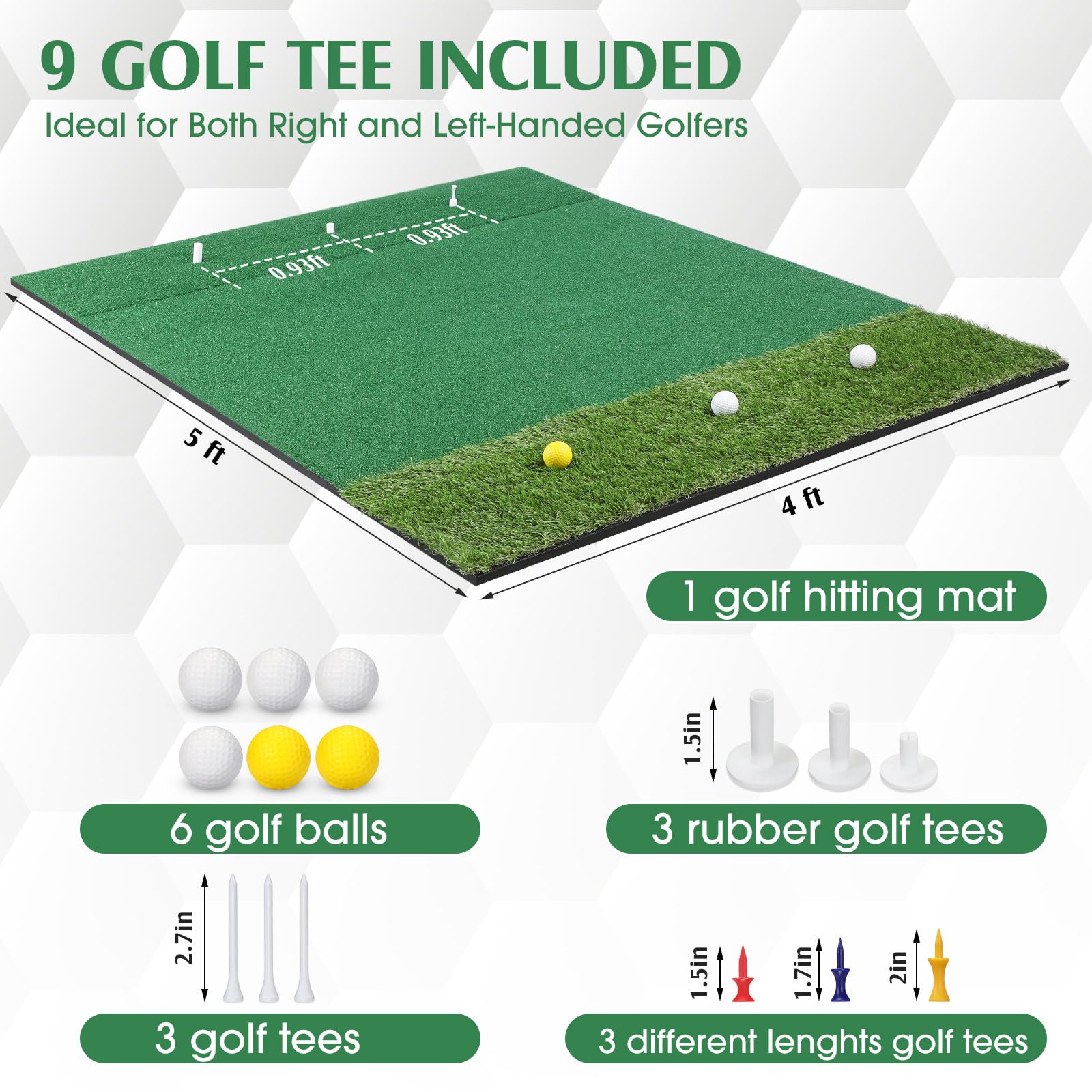 Premium 5x4 ft Golf Hitting Mat Set with Nylon Turf - Thickened Practice Mat Includes 3 Rubber Tees, 6 Golf Balls & 6 Tees - Perfect for Indoor/Outdoor Golf Training, Chipping & Swing Practice - Ideal for Backyard, Garage & Driving Range Use