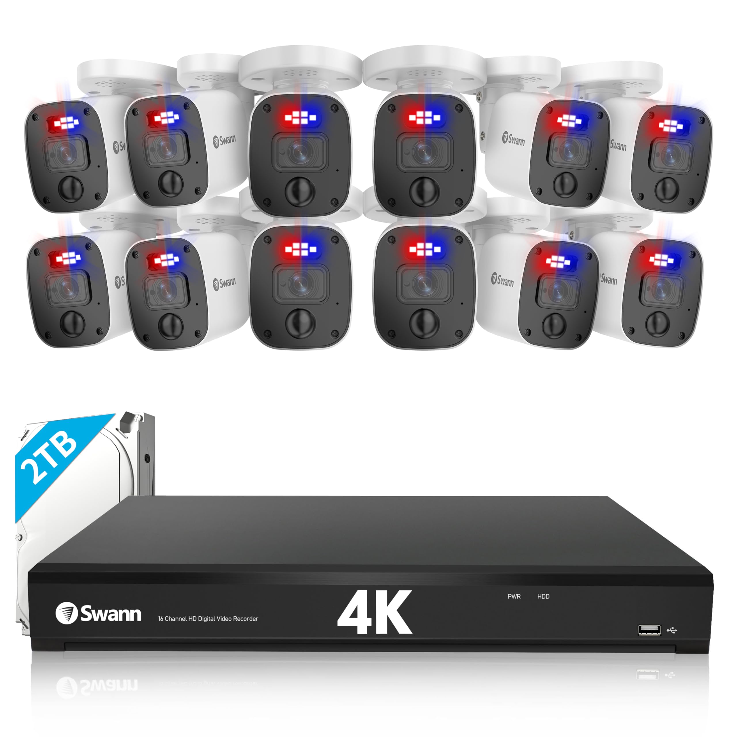 Swann 16 Channel 4K Ultra HD Security Camera System with 2TB HDD - 12 Wired Indoor/Outdoor Surveillance Cameras, Color Night Vision, IP66 Weatherproof, PIR Thermal Sensors, LED Alarms - Ideal for Home & Business Security Monitoring (Model: 16558012RL)