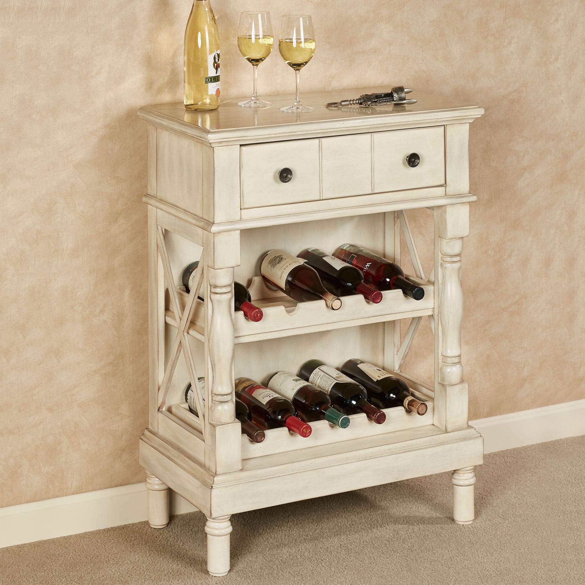 Amaryllis Wooden Wine Cabinet with Drawer - Cream Storage Console for 10 Bottles - Perfect for Kitchen, Dining Room, Bar, Restaurant & Man Cave - Organize Corkscrews & Wine Accessories - Ideal for Home Entertaining & Wine Storage
