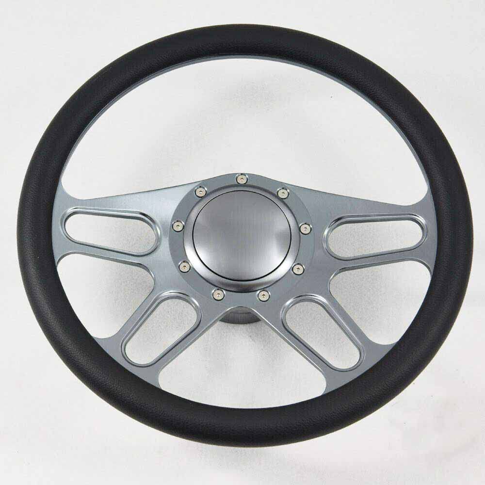 14 Inch Gun Metal Billet Aluminum 9-Hole Steering Wheel Kit with Horn Button & Adapter for 1969-1994 Classic Cars – Perfect for Hot Rods, Muscle Cars & Custom Builds