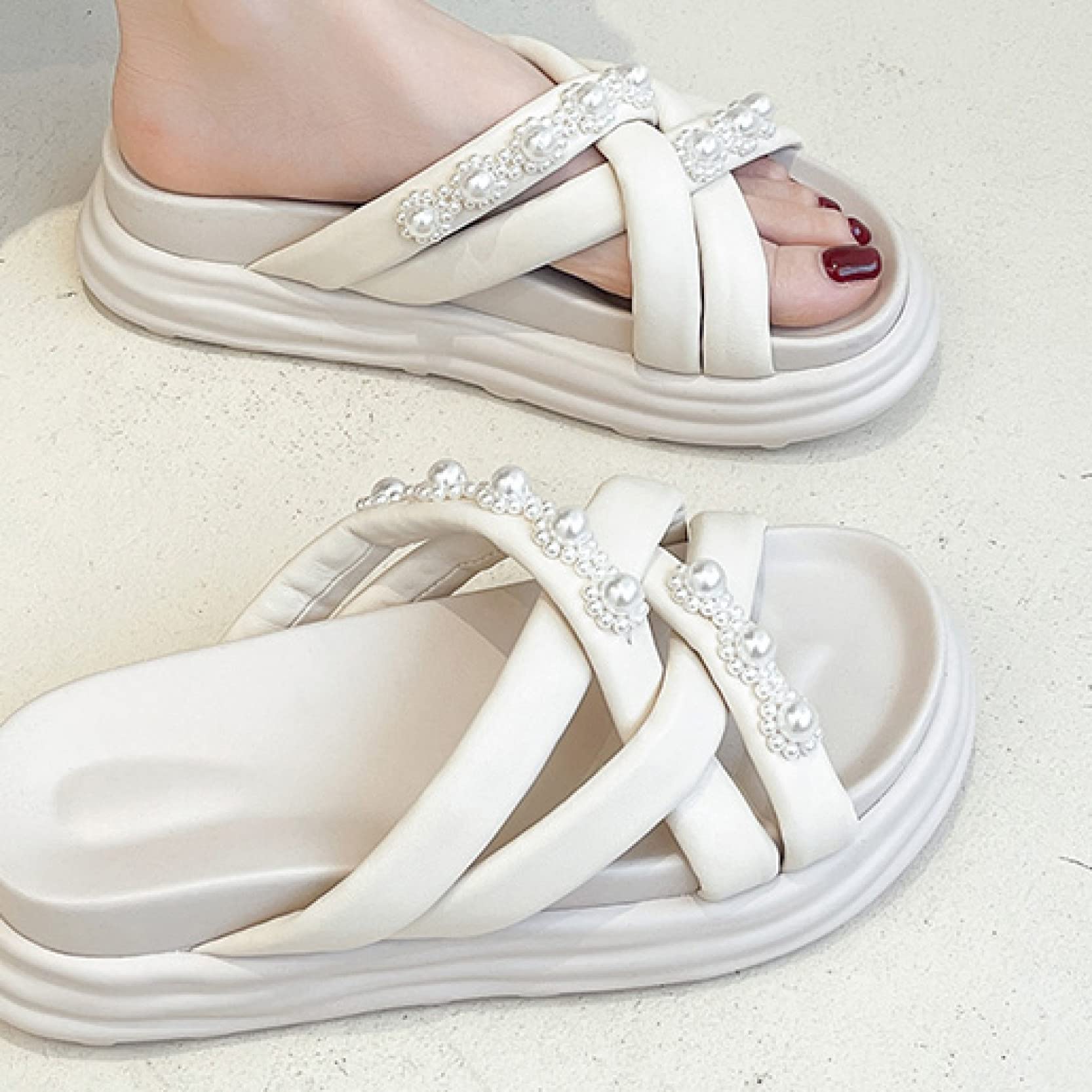 EBRICON Women's Platform Slide Sandals - Breathable Pearl Cross Leather Slip-On Open Toe Backless Slippers for Summer, Beach, Pool & Outdoor Wear