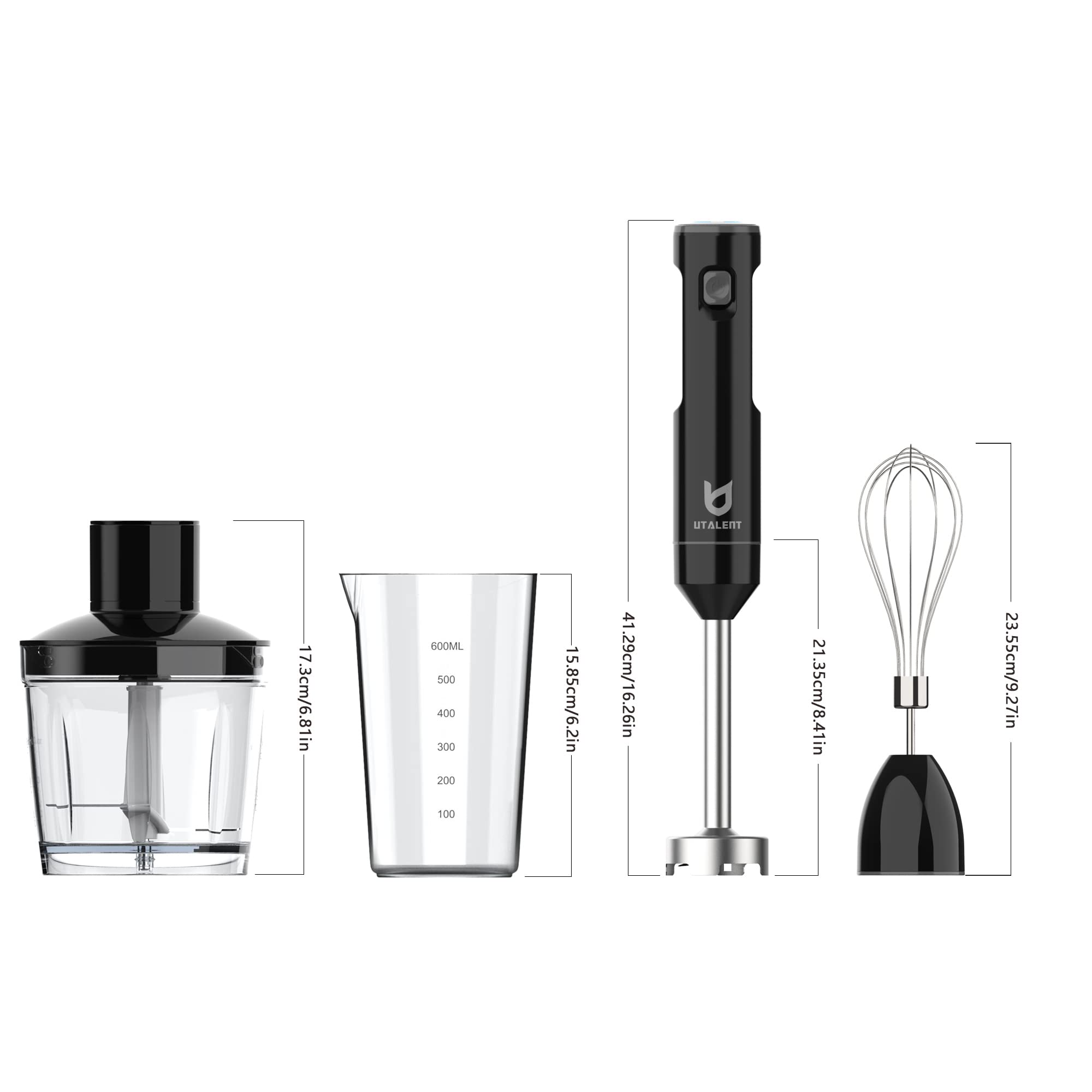 UTALENT Rechargeable Cordless Hand Blender - Variable Speed Immersion Blender with 500ml Chopper, 600ml Container & Egg Whisk | Perfect for Smoothies, Baby Food, Soups & Kitchen Prep | Black