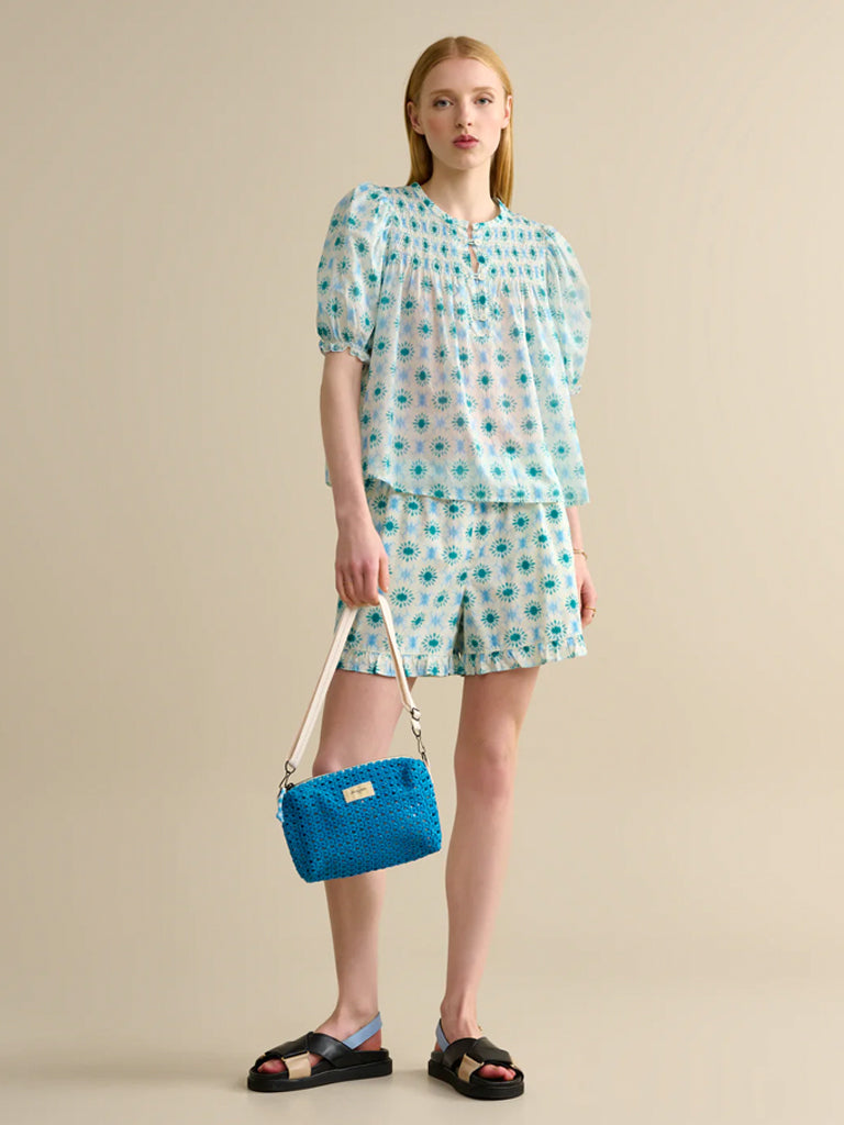 Bellerose Sasha Blouse Women's Aqua Green Floral Print Short Sleeve Tops for Casual Wear, Office & Date Night Outfits