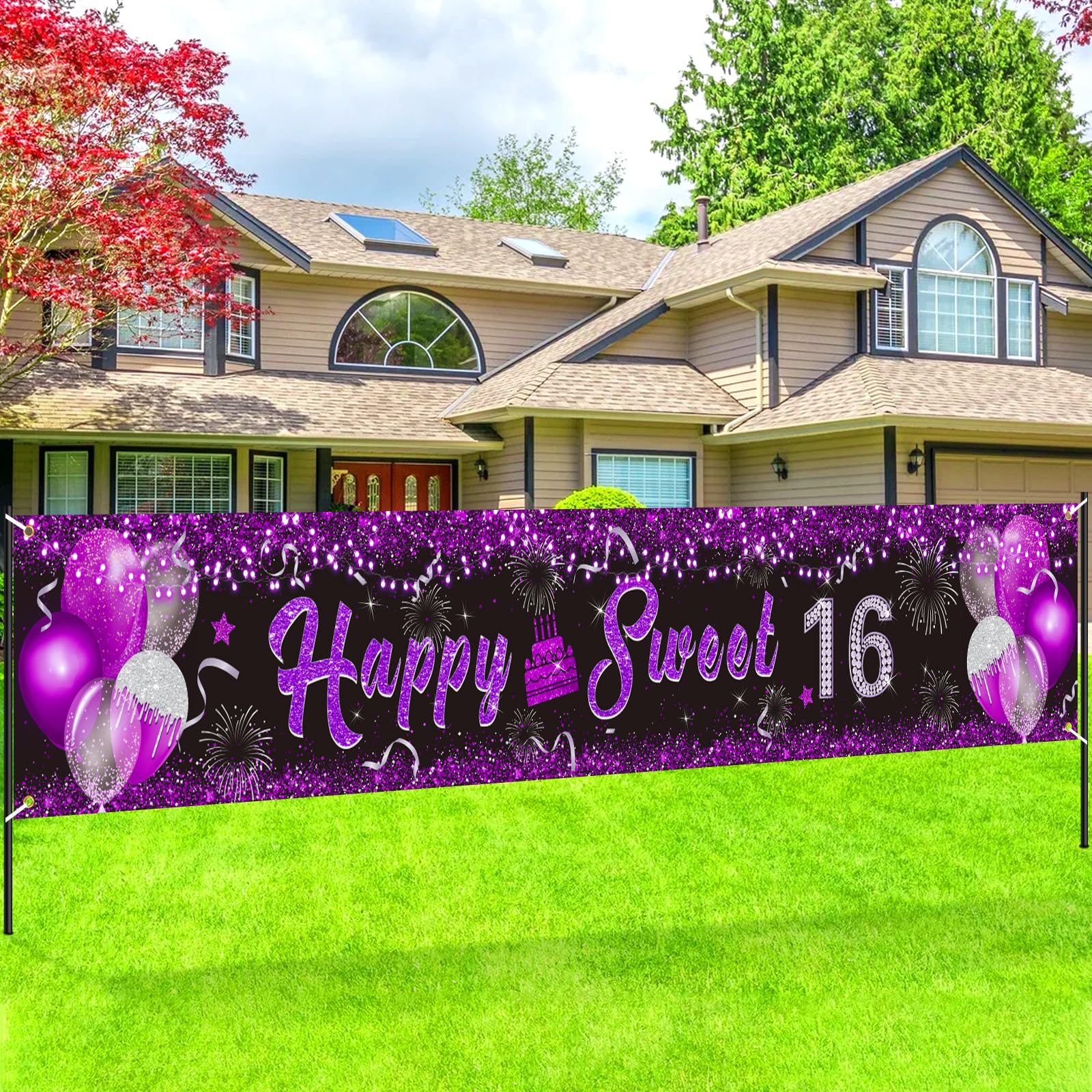 Sweet 16 Birthday Banner - Purple & Silver 16th Birthday Decorations for Girls - Happy Birthday Yard Sign for Outdoor & Indoor Party Decorations - Perfect for Sweet 16 Anniversary Celebrations, Backyard Parties & Milestone Decor