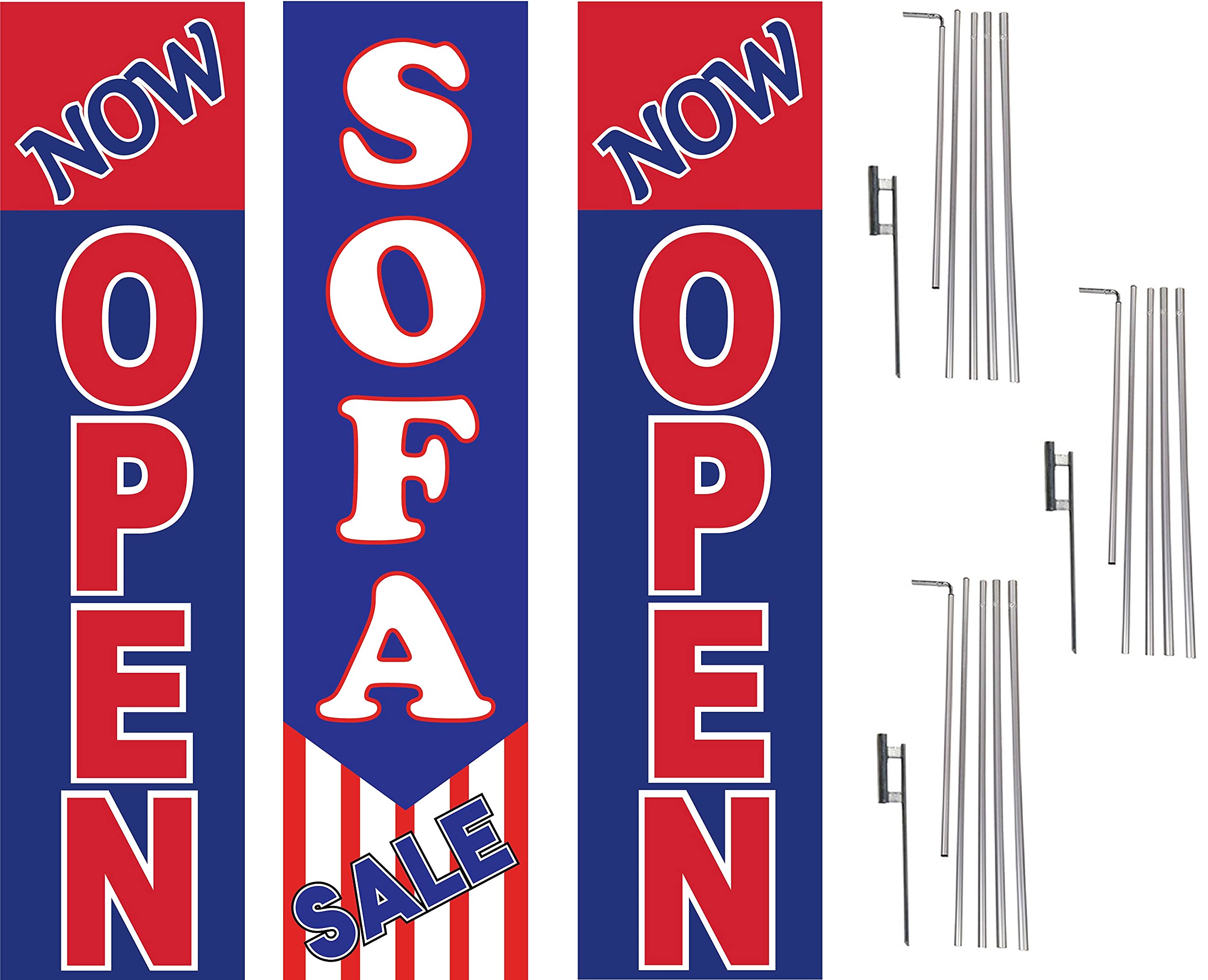Now Open Sofa Sale Advertising Rectangle Boomer Feather Flags Kit - 3 Flag Poles & Ground Spikes Included | Perfect for Outdoor Events, Grand Openings & Retail Promotions