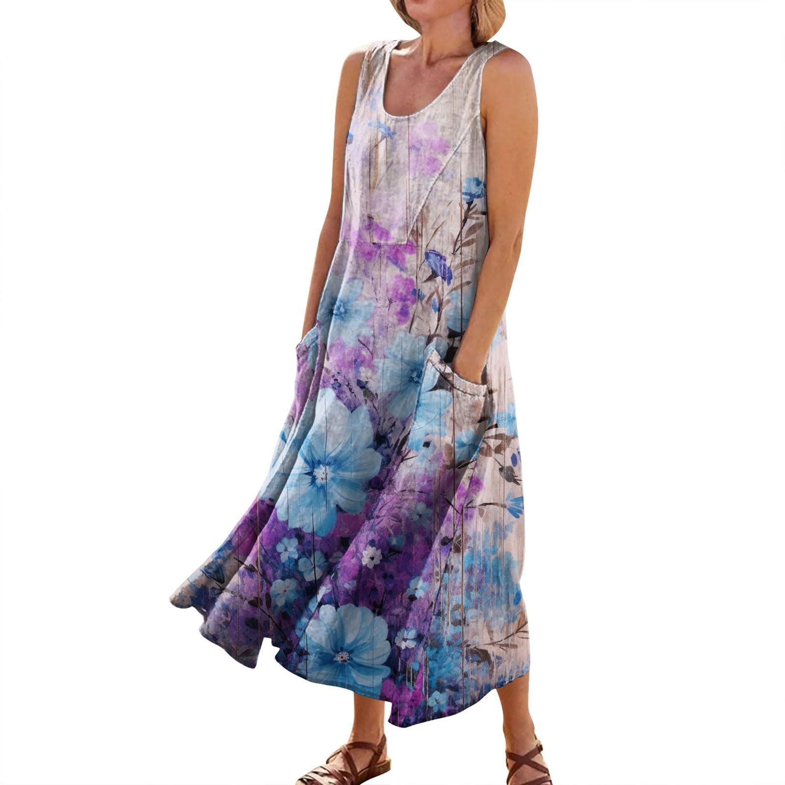 Floral Maxi Dress for Women - Sleeveless Summer Casual Sundress with Floral Print, Pleated Design & Pockets | Perfect for Beach, Vacation, and Outdoor Events