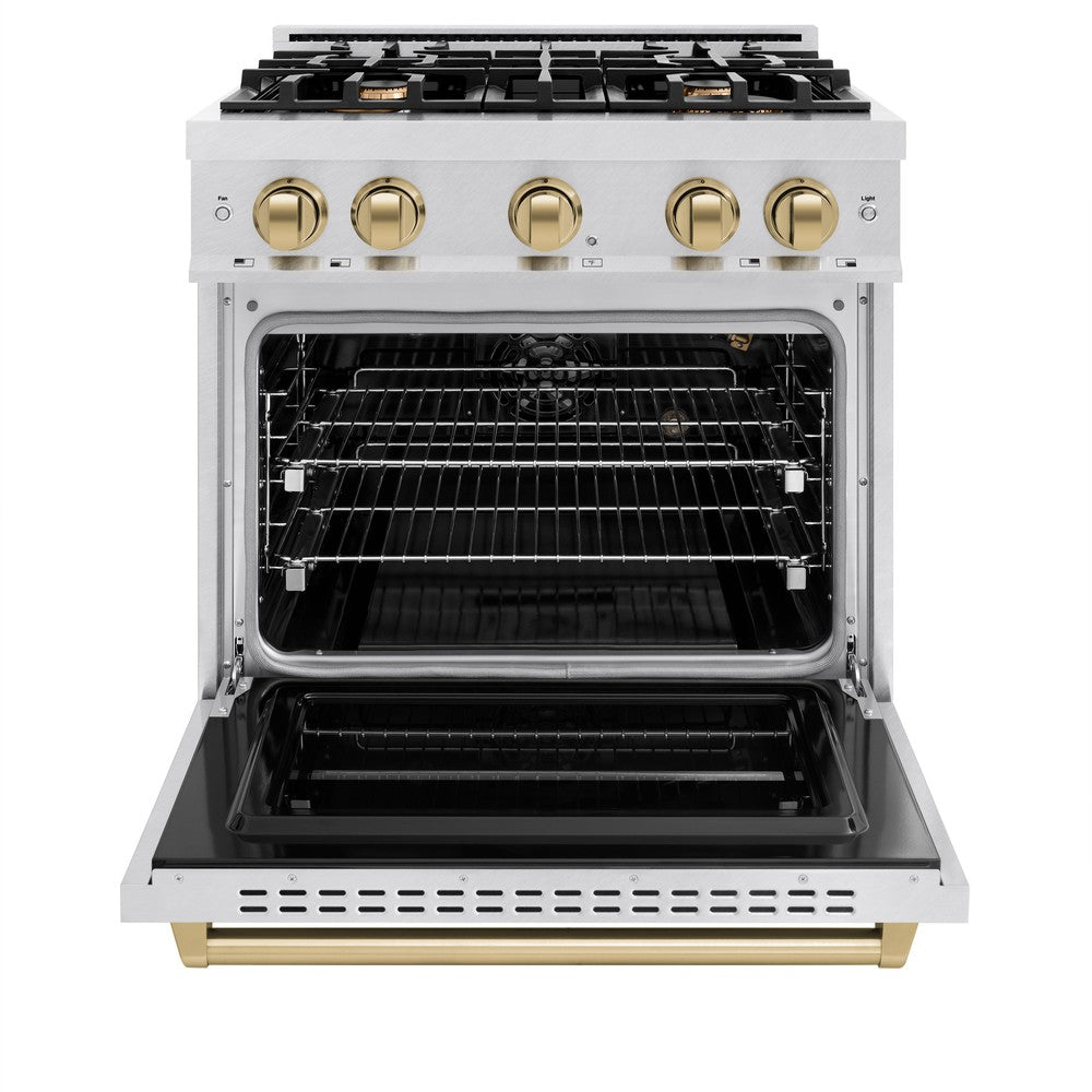 ZLINE Autograph Edition 30-inch 4.2 cu. ft. Classic Gas Range with 4 Burner Cooktop & Convection Gas Oven - Satin Stainless Steel with Champagne Bronze Accents (CGRSZ 30 CB) | Perfect for Home Kitchens & Professional Cooking