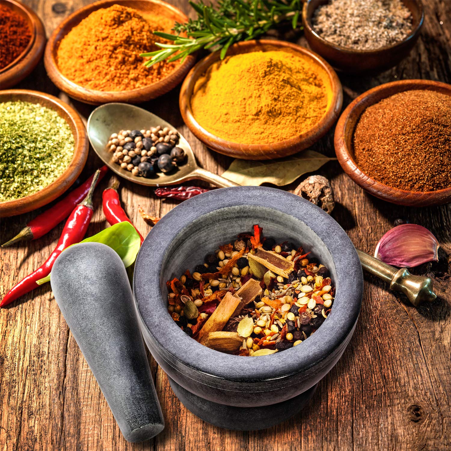 Premium Heavy Duty Mortar and Pestle Set - Polished Natural Stone Spice Grinder for Herbs, Seasonings, Pastes & More (Grey with Rings) - Perfect for Kitchen, Cooking, Ayurveda & Herbal Medicine Preparation