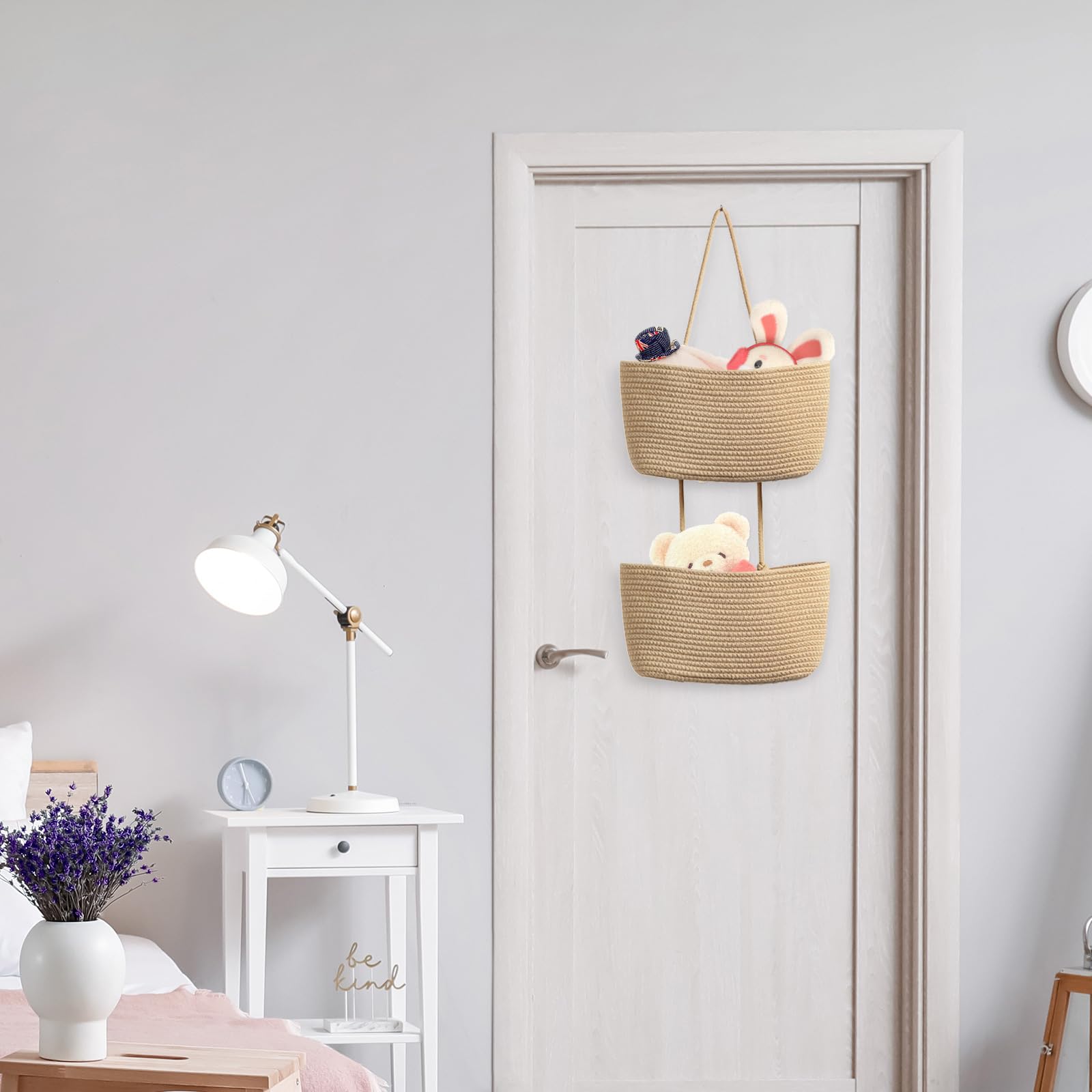 TeoKJ 2-Tier Woven Cotton Over the Door Hanging Basket - Wall Mounted Storage Organizer for Kitchen, Bathroom & Bedroom - Jute Decorative Storage Baskets - Perfect for Fruits, Vegetables, Toys & Towels
