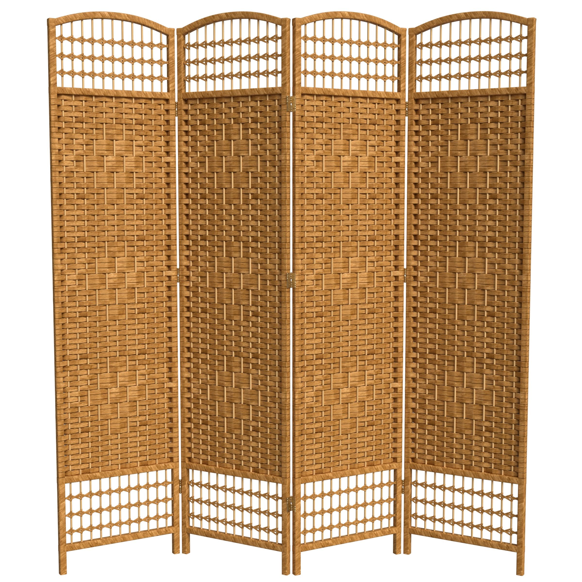 5.5 ft Tall Red Lantern Fiber Weave Light Beige Room Divider - 4 Panel Folding Screen for Home, Office, and Event Decor