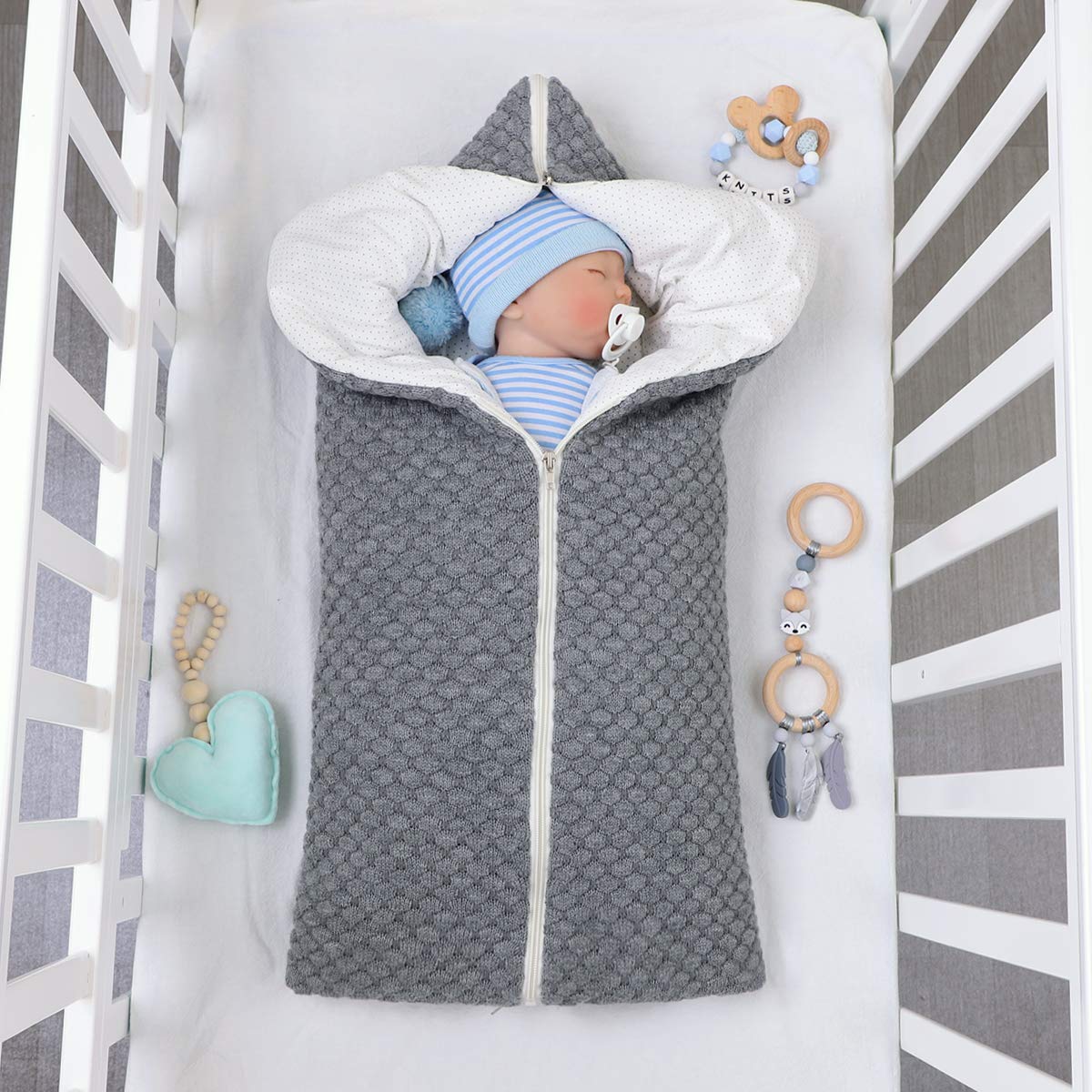 Soft Knitted Baby Sleeping Bag Hooded Swaddle Sack Blanket for Newborns 0-12 Months - Cozy Unisex Swaddle Wrap for Stroller, Crib & Travel - Perfect Baby Shower Gift (Grey) - Ideal for Nursery, Daycare & On-the-Go Parenting