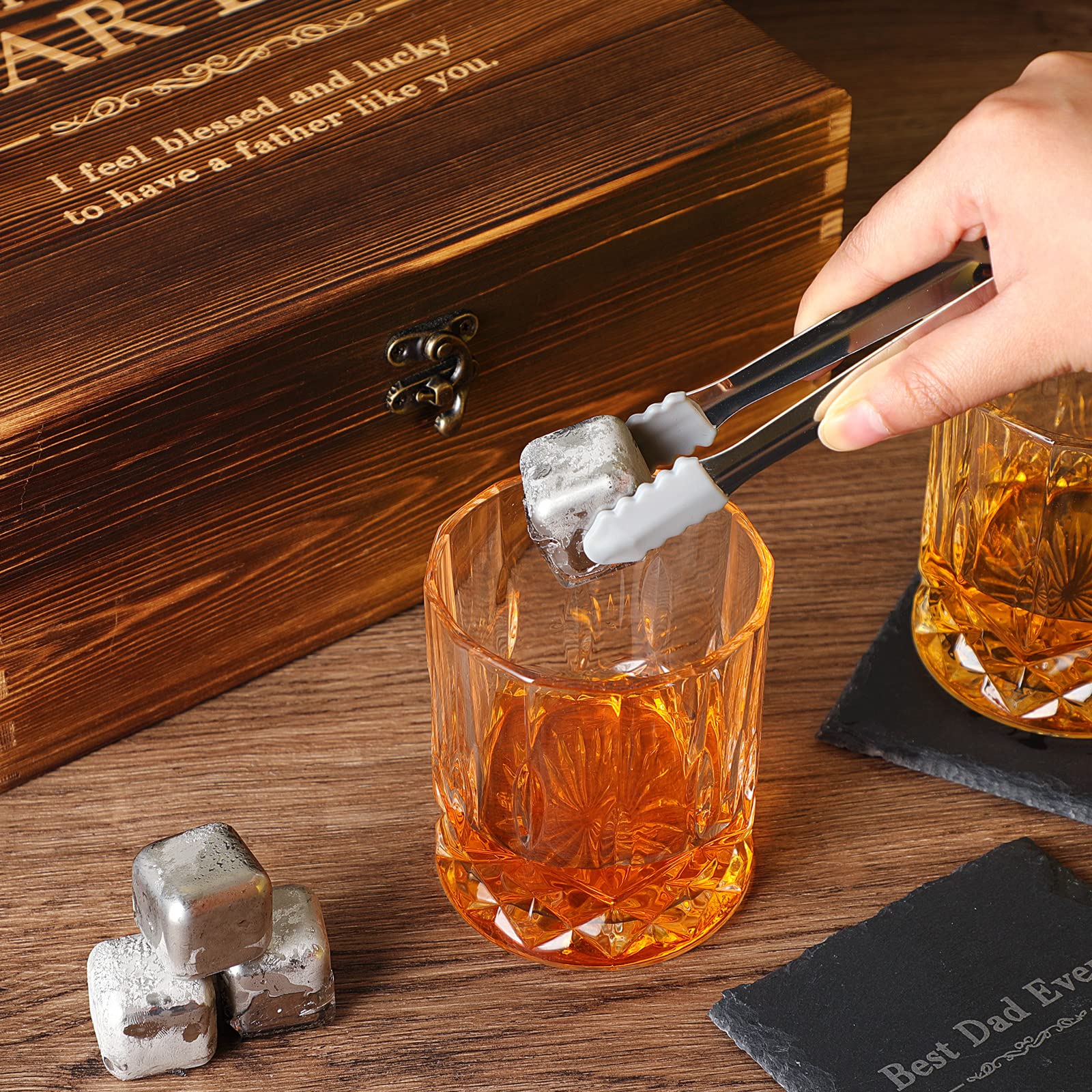 Whiskey Stones Gift Set for Men - Stainless Steel Bourbon Chilling Rocks for Dad, Perfect Birthday, Father's Day & Anniversary Gift from Daughter, Son or Wife - Ideal for Home Bars & Whiskey Enthusiasts