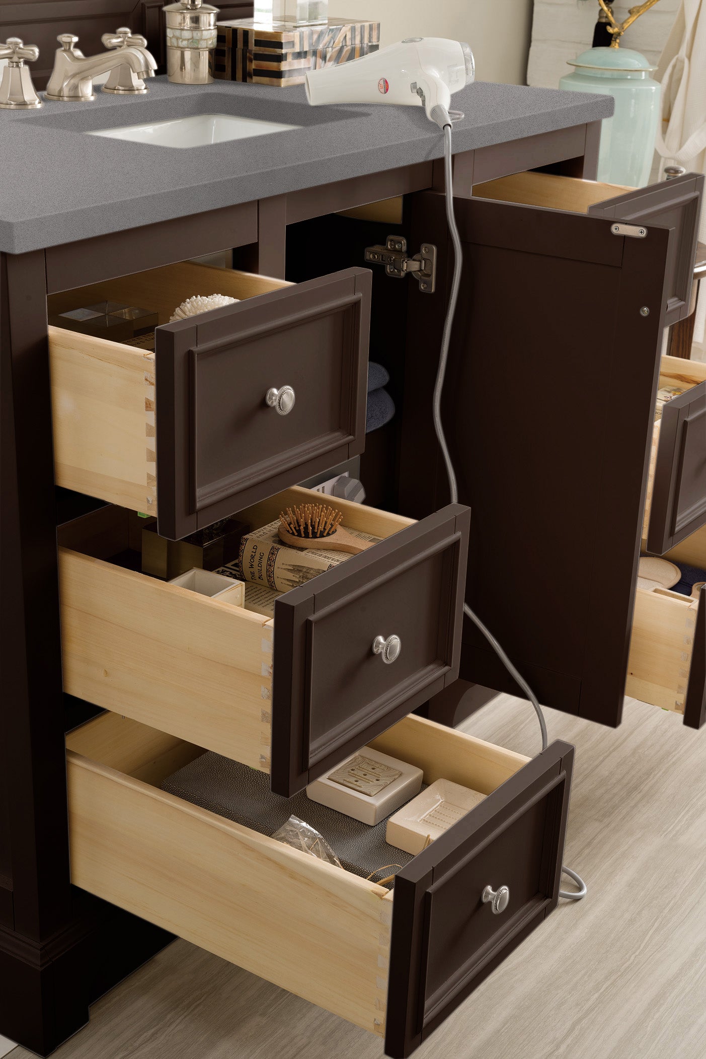 De Soto 48 Inch Single Bathroom Vanity with Burnished Mahogany Base & 3CM Grey Expo Quartz Top - Modern Bathroom Storage Solution for Small Spaces
