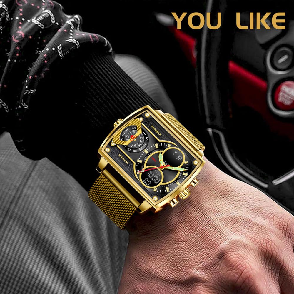 Luxury Men's Square Dial Digital Analog Quartz Wristwatch - Waterproof Luminous Dual Display Business Watch for Boys & Men | Perfect for Office, Formal Events & Everyday Wear