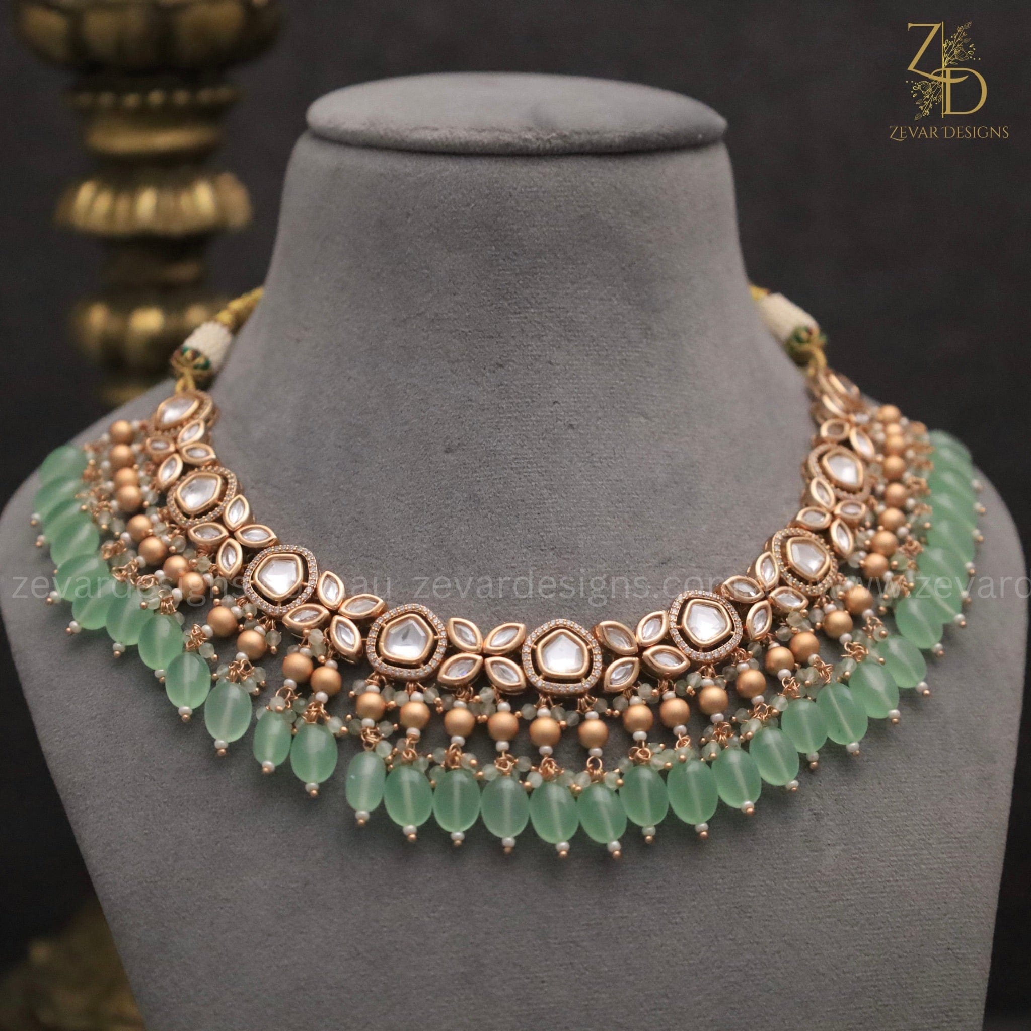 18K Gold Plated Kundan Polki Beaded Necklace Set with Pearls & Mint Green Drops | Indian Bridal Jewelry | Wedding, Party & Festive Wear Accessory