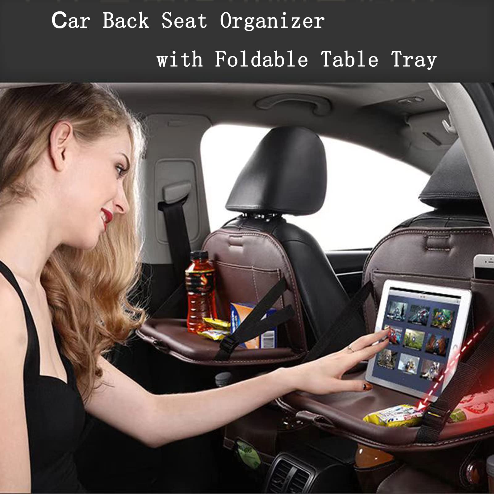 Premium PU Leather Car Backseat Organizer with Foldable Table - Multi-Pocket Storage, Adjustable Buckle Strap - Beige | Perfect for Road Trips, Family Travel & Kids Snack Organization