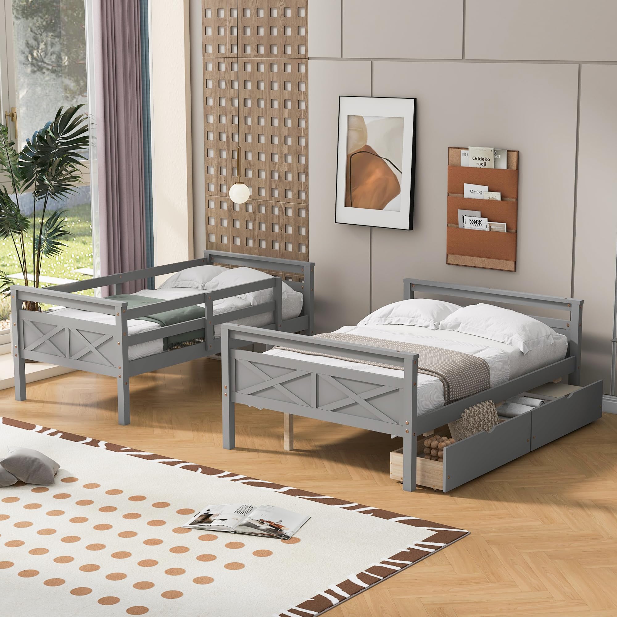 Twin Over Full Bunk Bed with Storage Drawers - Convertible Wooden Bunk Bed Frame with Guardrail & Ladder for Kids, Teens, Boys & Girls - Space-Saving Bedroom Solution for Small Rooms, Dorms & Shared Kids' Rooms (Grey)