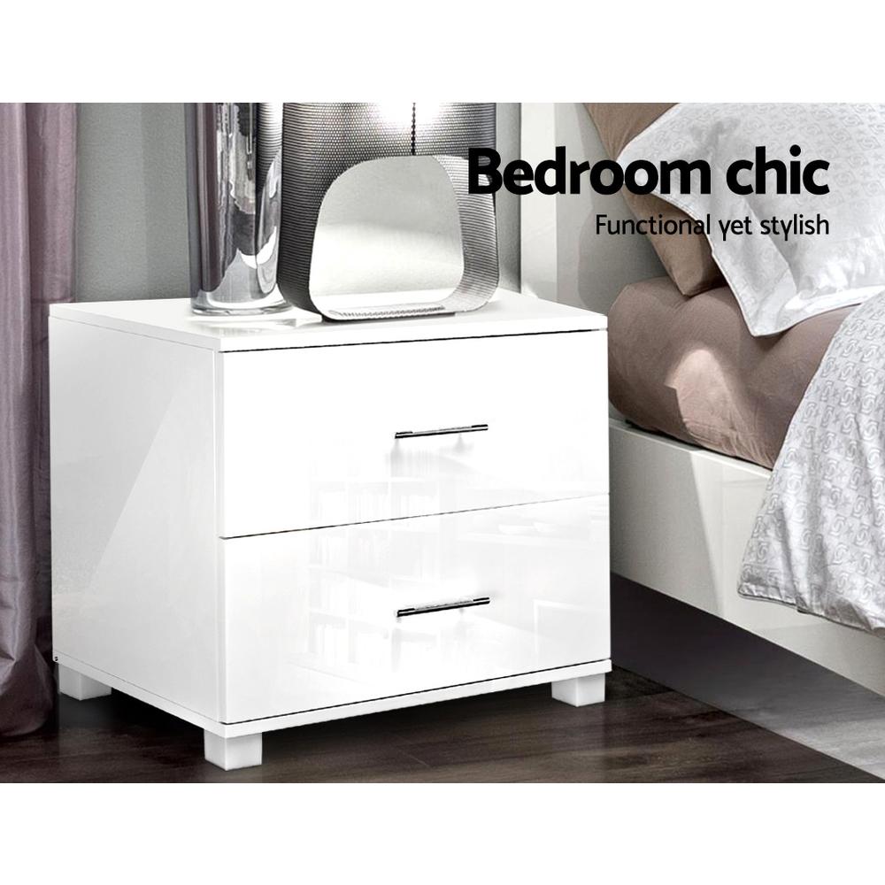 Modern White High Gloss Bedside Table with 2 Drawers - Nightstand for Bedroom, Living Room, or Office - Compact Storage Furniture with Smooth Finish