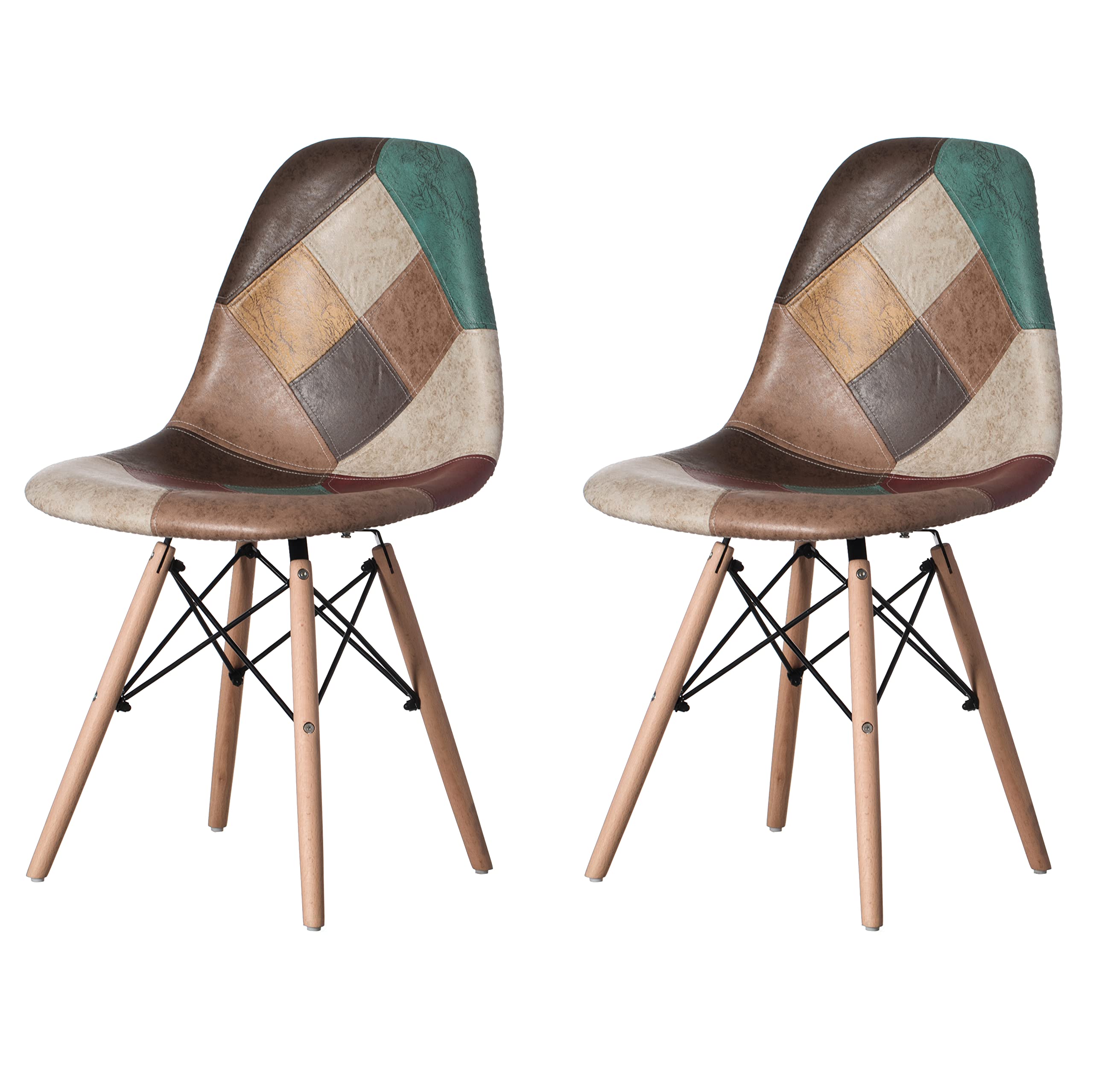 Modern Fabric Patchwork Chair with Leather & Suede-Like Upholstery & Wooden Legs - Set of 2 for Kitchen, Dining Room, Entryway & Living Room - Perfect for Home Decor, Entertaining Guests & Cozy Seating