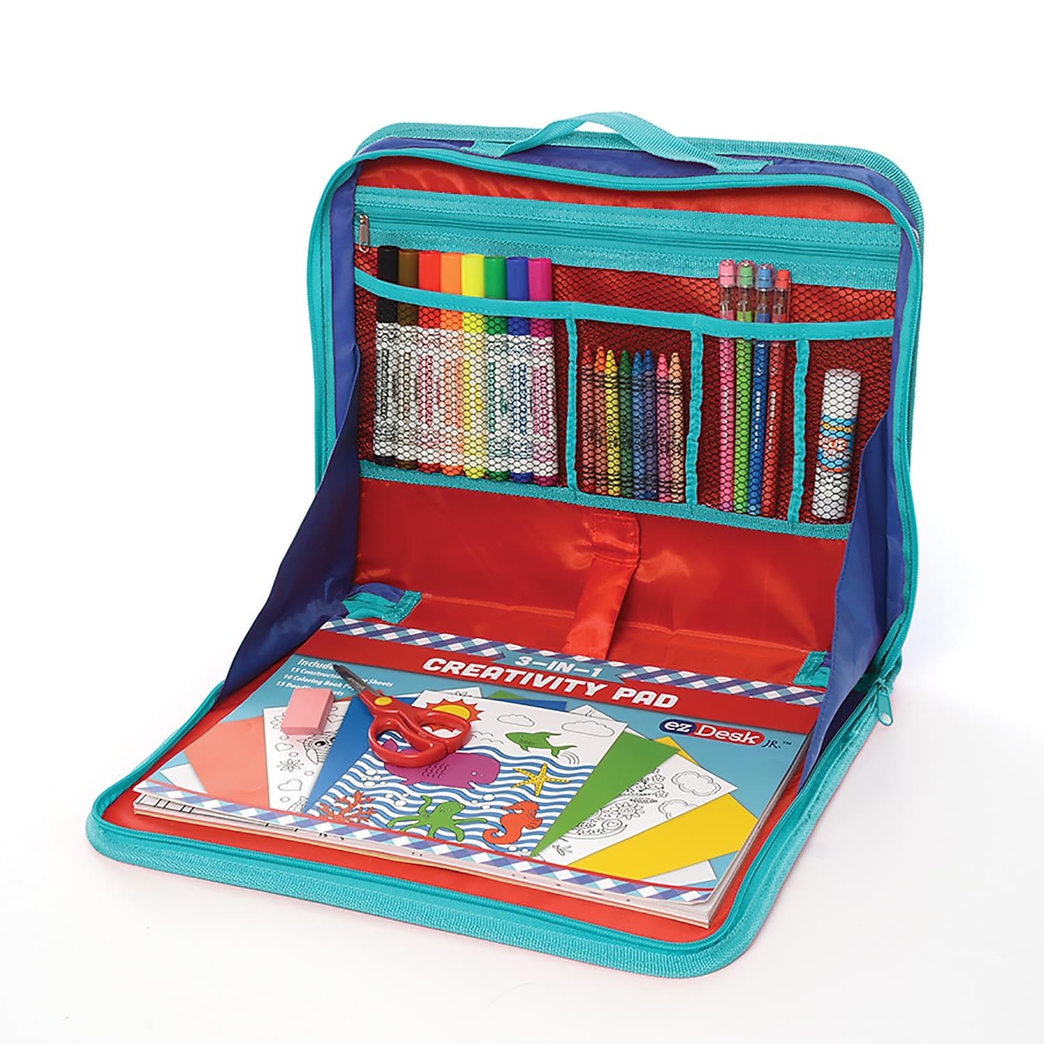 EZDesk Travel Activity Kit - 64-Piece Portable Laptop Style Desk with Writing & Art Supplies for Kids - Multicolor (11.4