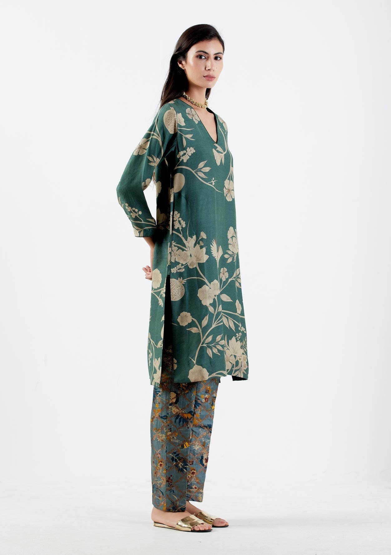 Elegant V Neck Kurta for Women - Premium Muga Satin Fabric with Forest Print - Perfect for Festivals, Parties & Casual Wear