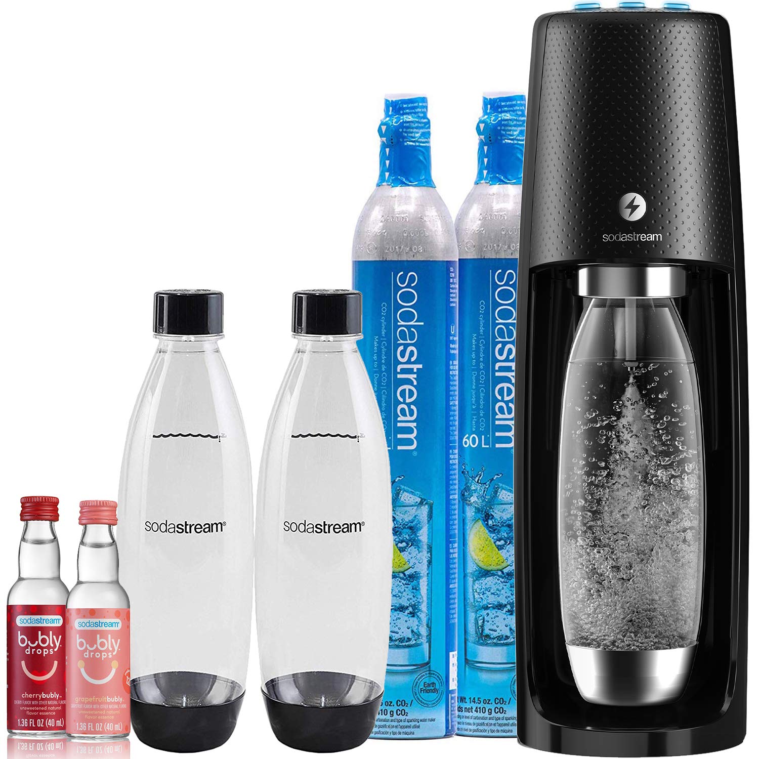 SodaStream Fizzi One Touch Sparkling Water Maker Kit - Black | Includes CO2 Cylinder, BPA-Free Bottles & Bubly Drops Flavors | Make Carbonated Water at Home for Parties, Office & Healthy Hydration
