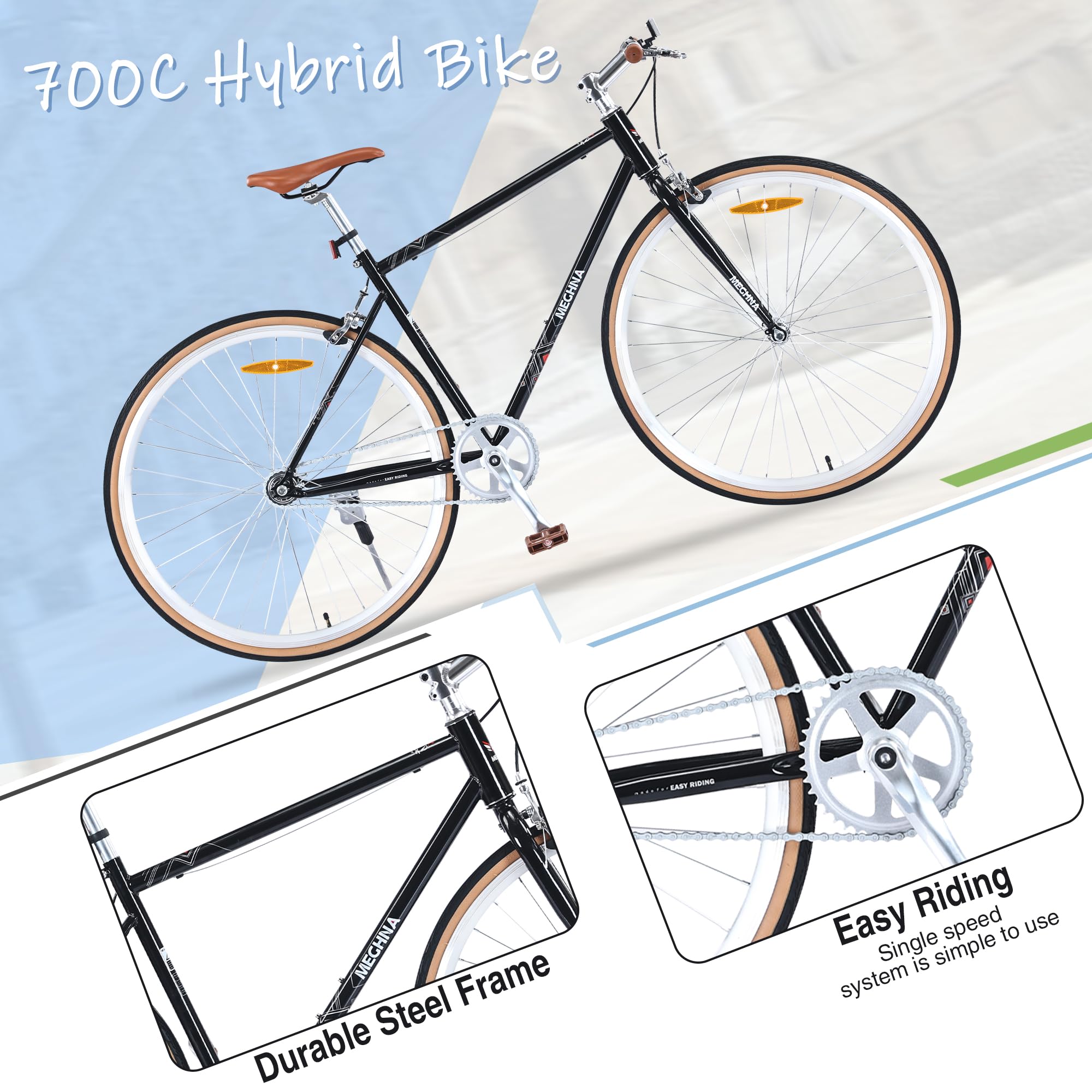 Men's & Women's Hybrid Bike - 700C Lightweight Single Speed Commuter Bicycle with Fixed Gear | Urban City Bike for Adults | Perfect for Daily Commuting, Road Sports & Outdoor Vacation Riding