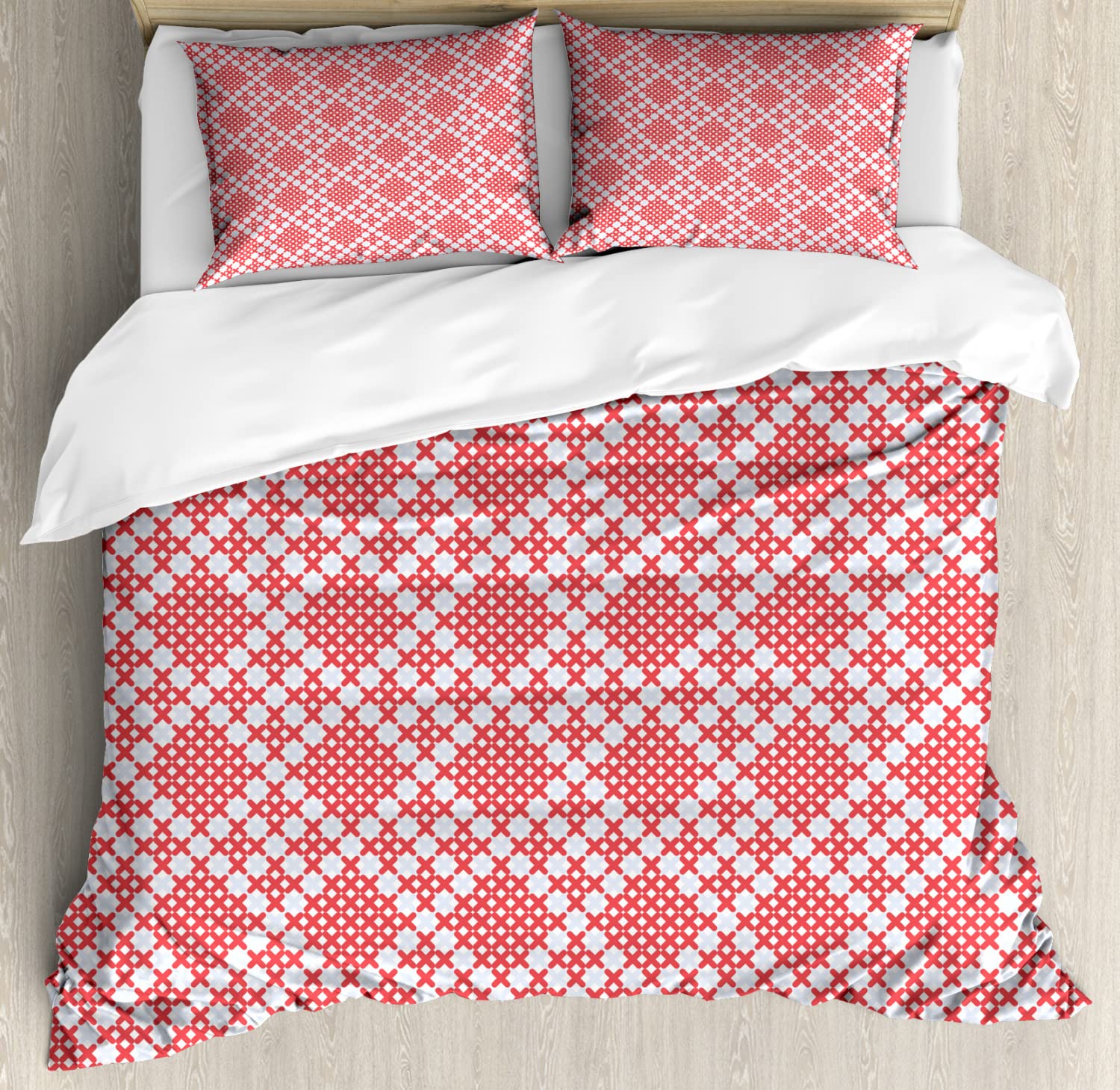 Ambesonne Ethnic Duvet Cover Set - Traditional Slavic Needlework Design, King Size 2-Pack (White & Red) with 2 Duvet Covers & 4 Pillowcases | Perfect for Bohemian & Slavic-Themed Bedrooms, Guest Rooms & Cultural Home Decor