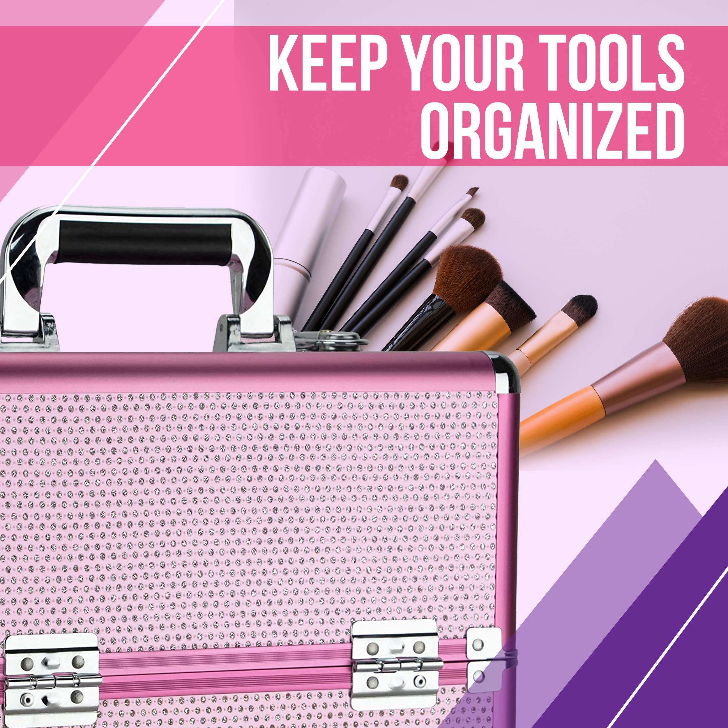 Ver Beauty Professional Makeup Case - 2 Tier Extendable Travel Makeup Organizer with Heavy Duty Construction, Pink Krystal Cosmetic Bag (VP009-43) | Perfect for Makeup Artists, Travel & Salon Storage