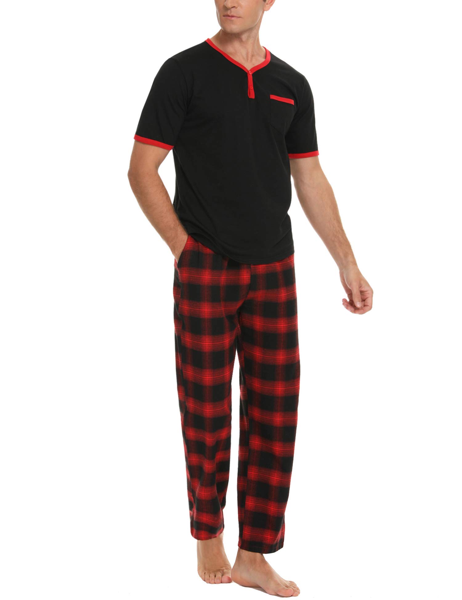 Daupanzees Men's Cotton Plaid Pajama Set - Short Sleeve Top & Bottom Sleepwear for Lounge & Relaxation at Home
