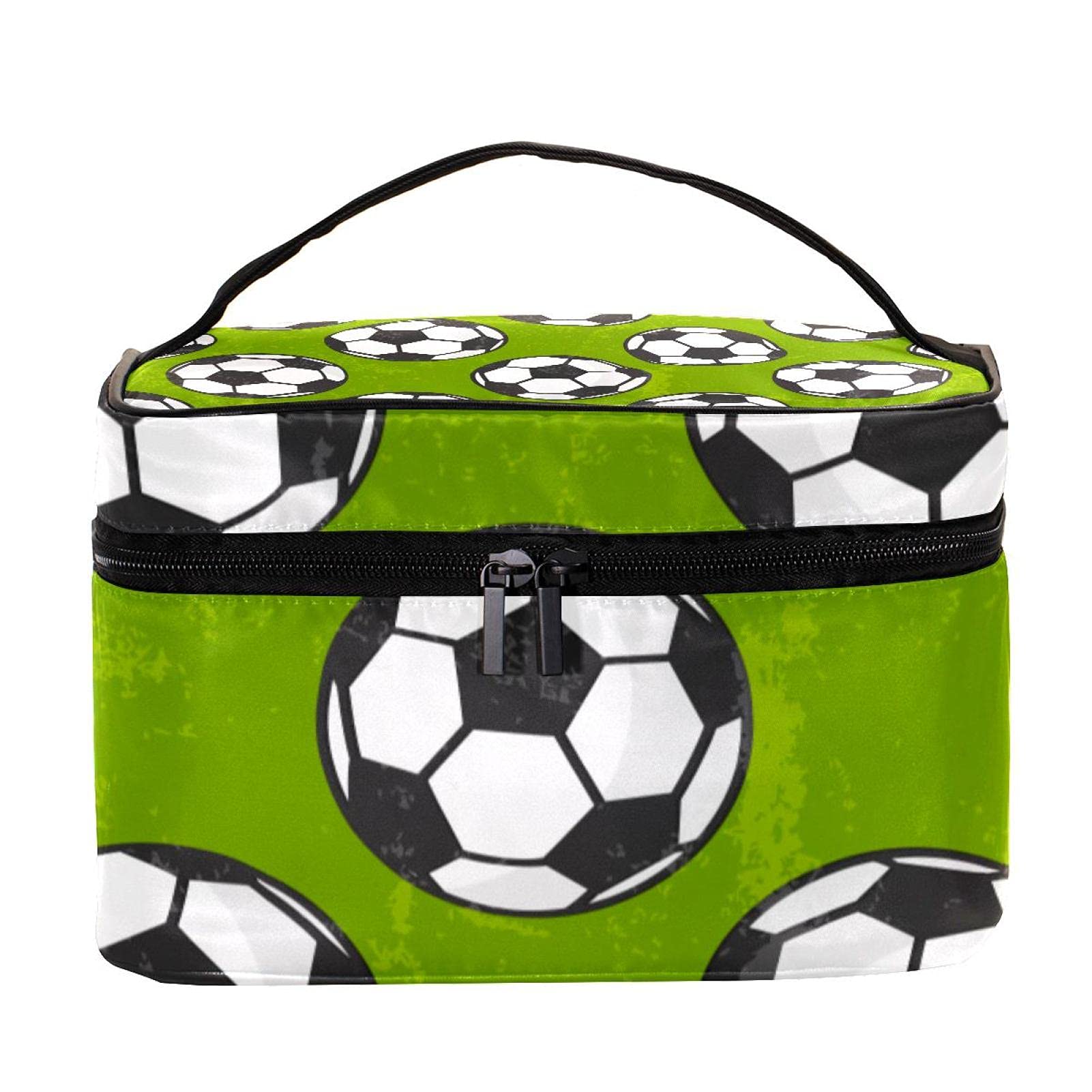 Sporty Green Football Pattern Large Travel Makeup Bag - Waterproof Cosmetic Organizer Case with Zipper for Women & Girls | Perfect for Gym, Travel & Daily Use