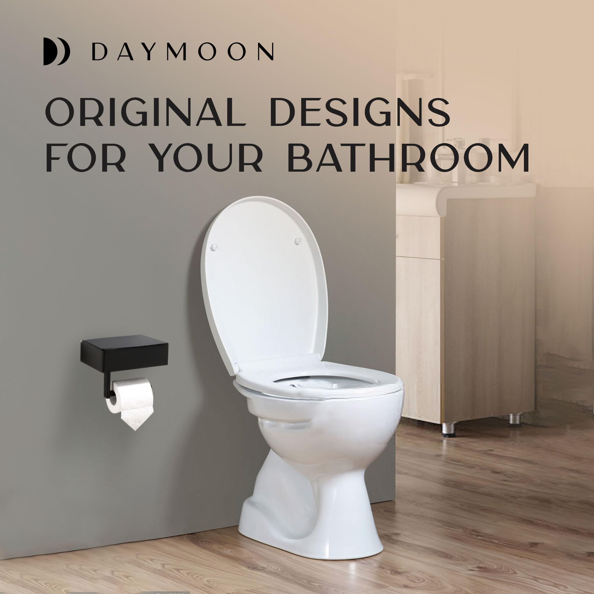 Day Moon™ Matte Black Toilet Paper Holder with Shelf - Bathroom Wipes Dispenser & Storage Organizer | Wall Mounted for Toilet Paper & Flushable Wipes | Perfect for Modern Bathrooms, Powder Rooms & Guest Toilets