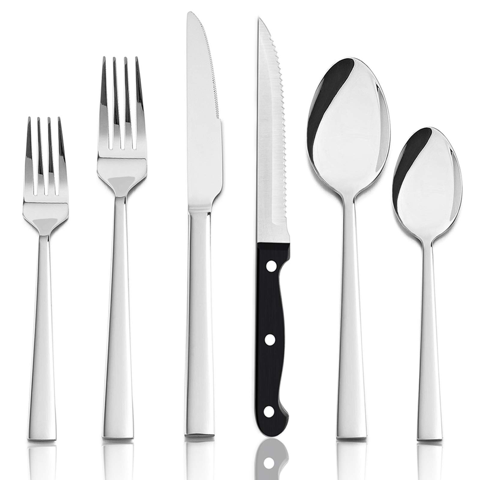 Premium 24-Piece Stainless Steel Flatware Set with Steak Knives - Mirror Polished, Dishwasher Safe Silverware for Everyday Dining & Special Occasions - Modern Elegant Cutlery for Restaurants, Dinner Parties & Home Use