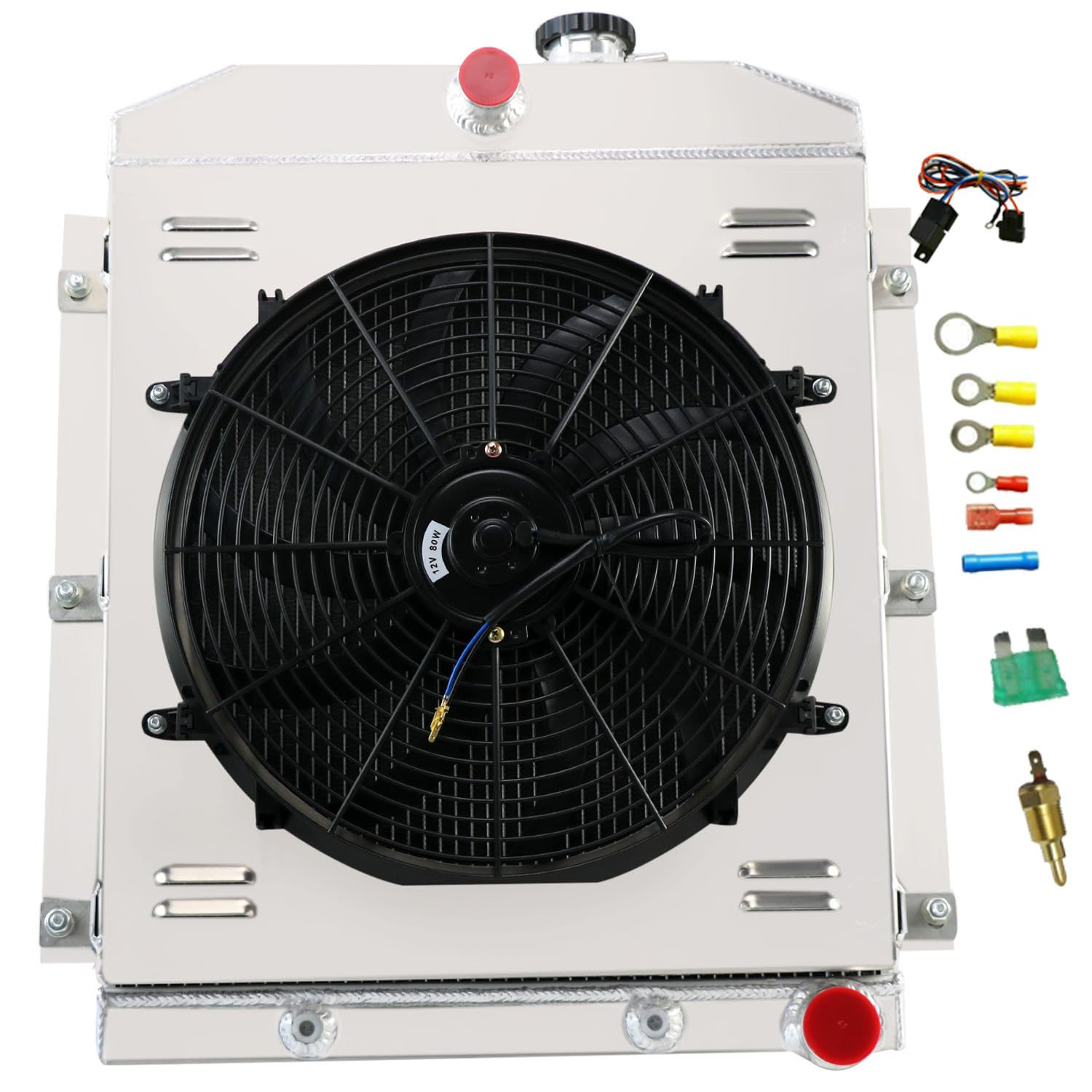 CC5100 Aluminum Radiator for 1947-1954 Chevy 3100 3600 3800 3900 Truck Pickup - 4 Row Core with Shroud Fan Relay Kits - High Performance Cooling System - Perfect for Classic Car Restoration & Hot Rod Upgrades