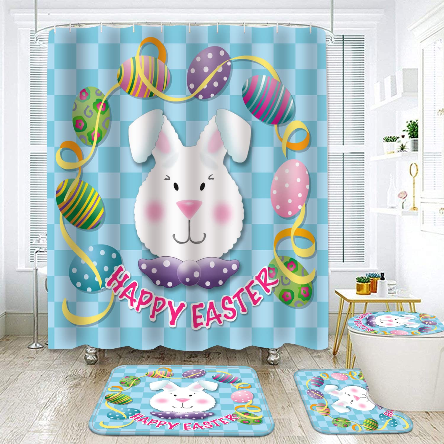 Easter Bunny Shower Curtain Set with Bath Mat - 72x72 Inch Waterproof Bathroom Decor with Hooks, Toilet Cover & Contour Mat - Cute Spring Theme for Kids & Adults Bathroom Decor (Ideal for Easter, Spring Cleaning & Holiday Home Decoration)