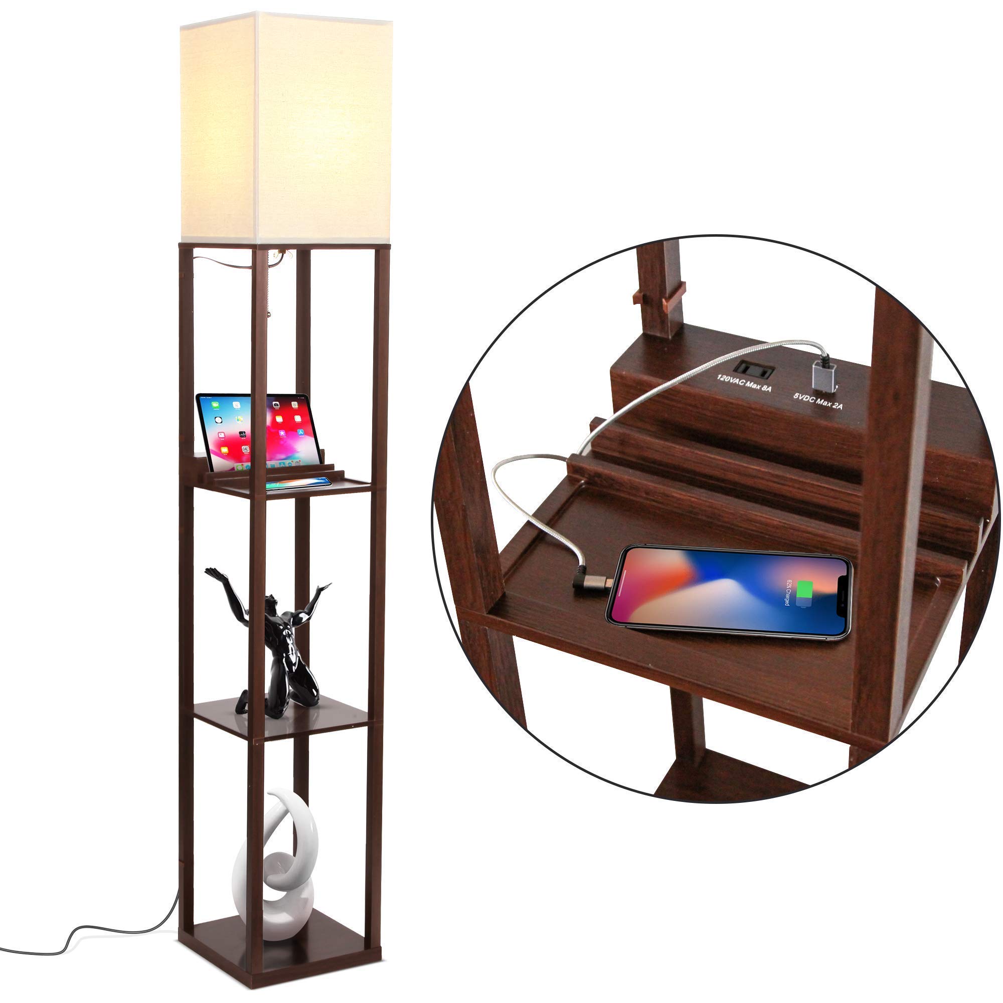 Brightech Maxwell and Madison Modern Floor Lamps Set of 2 with USB Charging Ports & Outlet - Black Living Room Lighting for Bedroom, Office, Reading Nook - Space-Saving Nightstand Lamps with Adjustable Brightness